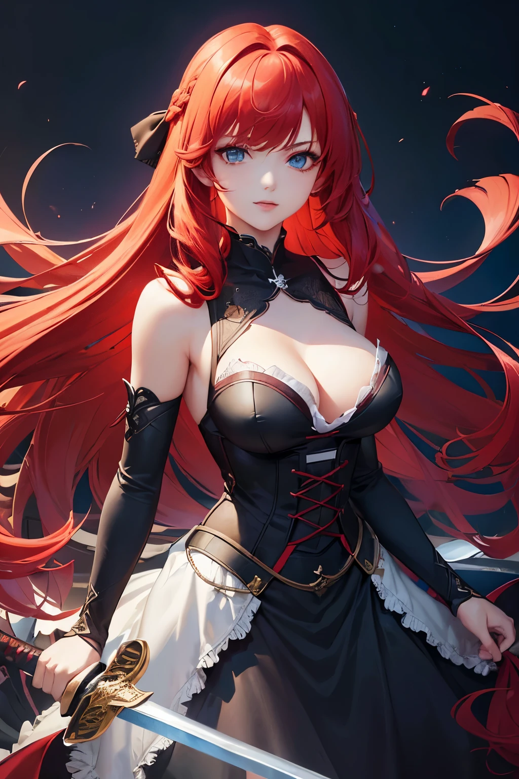 1girl,sense of deps,disorganized,catch light,super beautiful illustrations,(((sword,Precision:1.2))),(((With a handle))),(Red hair,long hairstyles:1.3),eye shadow,(red clothes,gothic ta),Upper body,;D,beautiful and delicate flowing hair,Delicate and detailed blue eyes,emphasized chest,big breasts,女sword士