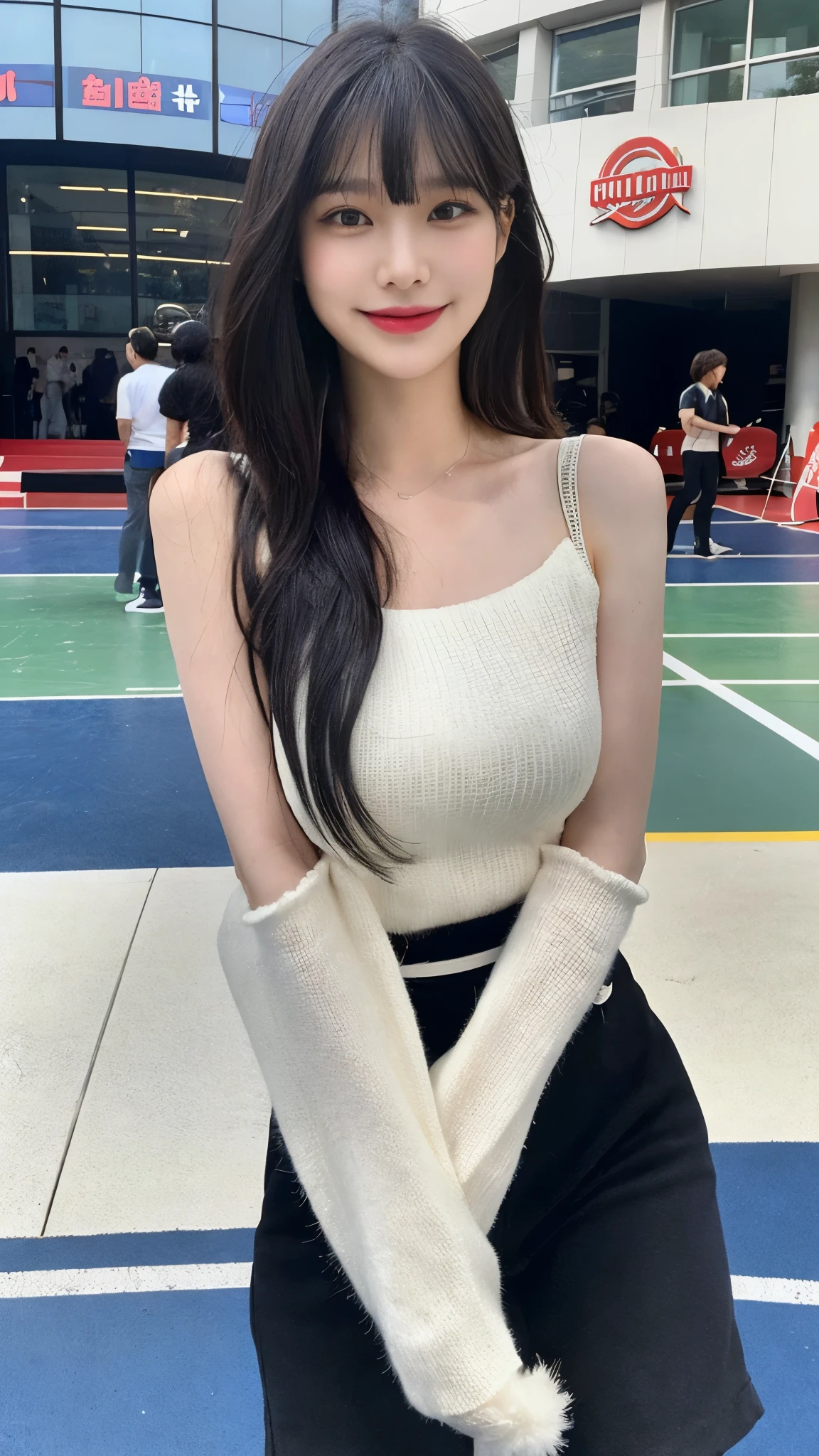 (8 thousand、top quality、masterpiece:1.2)、(realistic、realistic:1.9)、(laugh:0.2)、medium chest、beautiful and delicate eyes、full body sbian、(alone:1.8)、(look at the audience:1.3)、Wet hair smiling on the basketball court、shoulder height short hair、The end of the hair touches the shoulder and then bounces up in a U shape...、Loose curly hair,、light bangs、I have bangs、Beautiful black haired woman in her 20s。No Man'so cute.、There is a sophisticated atmosphere。walking on the white sidewalk,、He looked around gracefully.......、inside the basketball stadium、、、、、、Radiates quiet beauty。그녀의 laugh는 주변 사람들에게도 있다々that'displayed々continues々This is、々This is、々This is、々Gives you a happy feeling, fashionista,