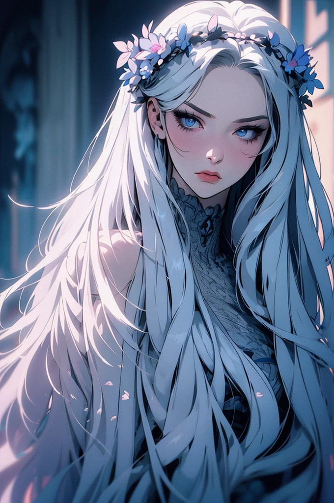 hyper-realistic  of a mysterious woman with flowing silver hair, piercing blue eyes, and a delicate floral crown, backwards, looking back, upper body