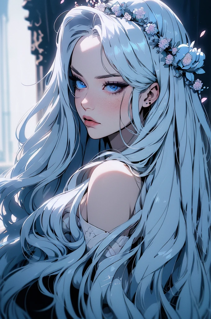 hyper-realistic  of a mysterious woman with flowing silver hair, piercing blue eyes, and a delicate floral crown, backwards, looking back, upper body