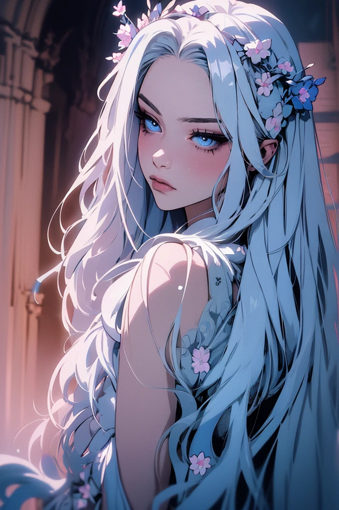hyper-realistic of a mysterious woman with flowing silver hair, piercing blue eyes, and a delicate floral crown, backwards, looking back, upper body