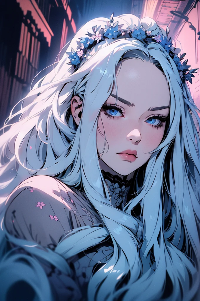 hyper-realistic of a mysterious woman with flowing silver hair, piercing blue eyes, and a delicate floral crown, backwards, looking back, upper body