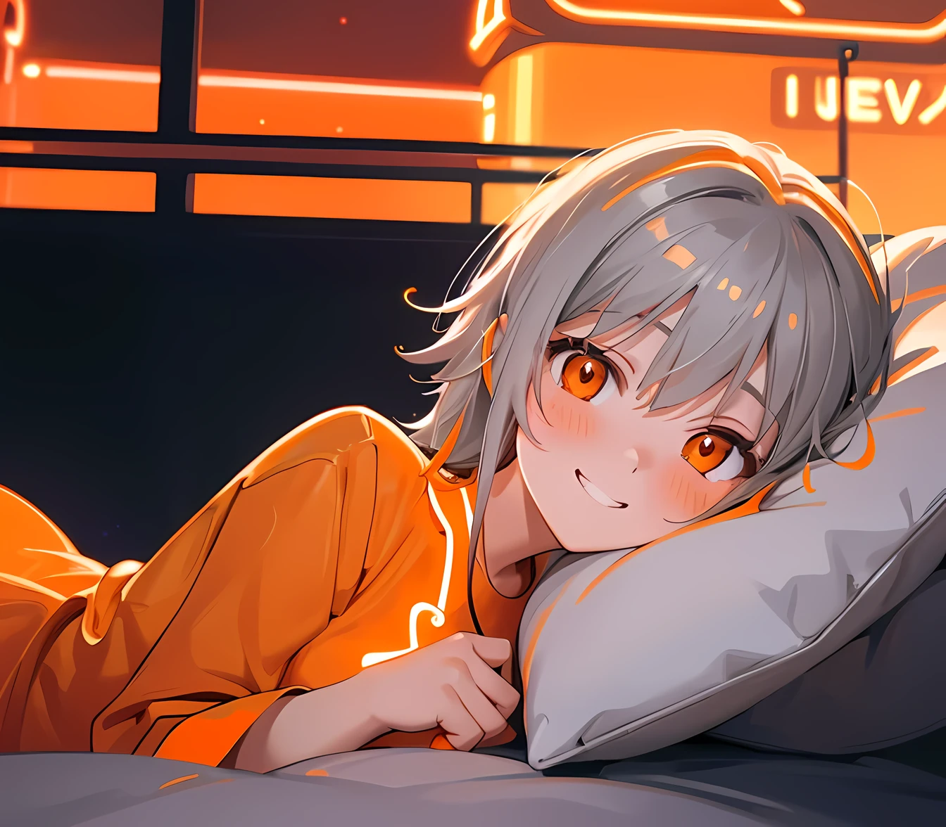 masterpiece, best quality, 1 girl, gray hair, orange eyes, orange pajamas, lying down on side, pillows, balcony, futuristic buildings in background, (orange lighting, orange neon lights:1.4), night, blush, tiny grin, cute, from side, up close