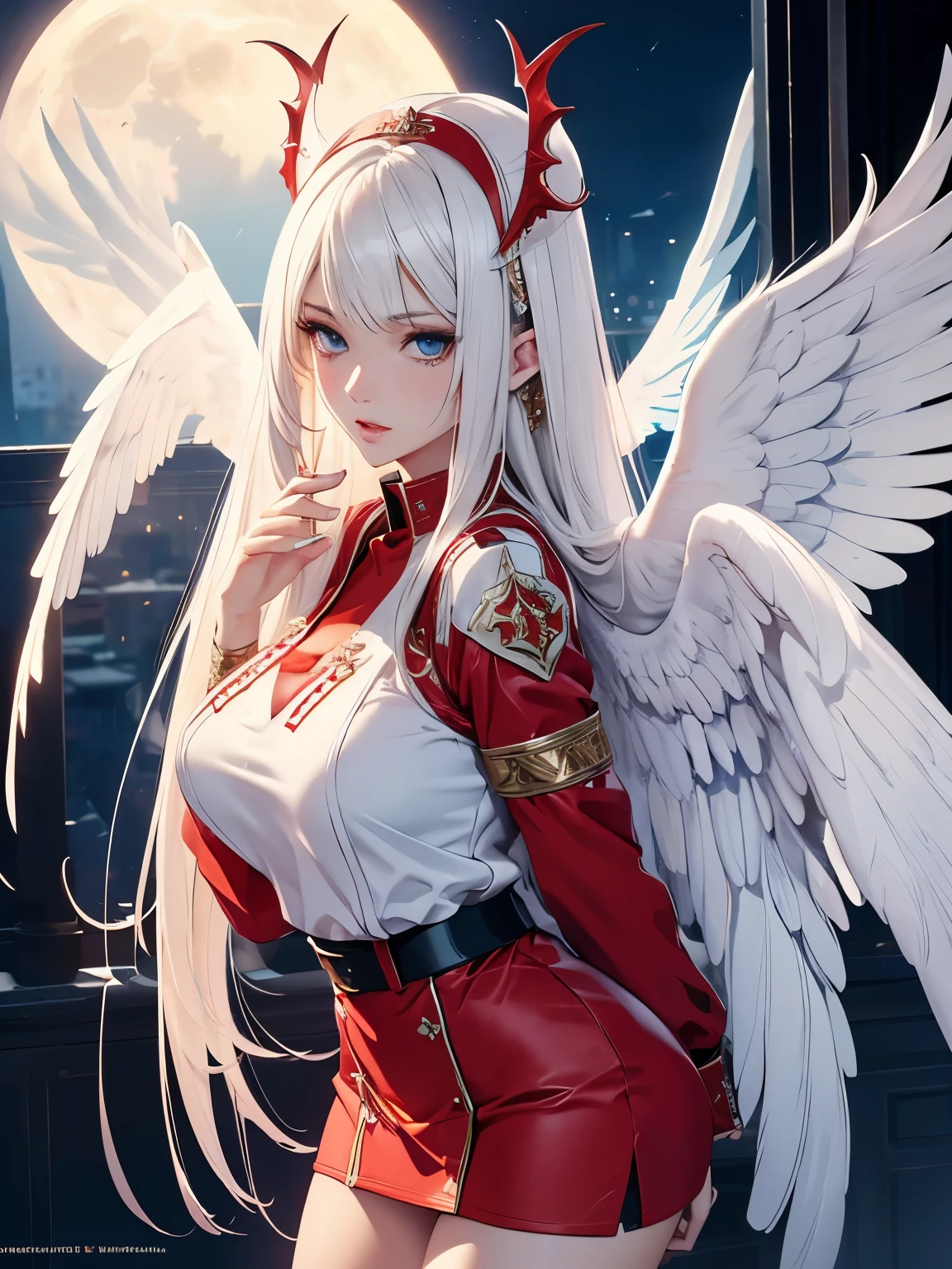 (best quality,4k,8k,highres,masterpiece:1.2),ultra-detailed,detailed face,realistic,BREAK Lotan beautiful caucasian woman with straight long black hair,blue eyes,fair skin,voluptuous,detailed lips and eyes,expressive face,attractive appearance,dragon horns on the head,dragon wings,BREAK (white and red theme:1.2,nurse uniform,(angel wings:1.4)),angelic,angelic expression,praying,dramatic light,((detailed clothes texture,detailed body shape,detailed skin texture)),low angle,(full moon), giant syringe, (full body), (flyng), bent knees, forehead