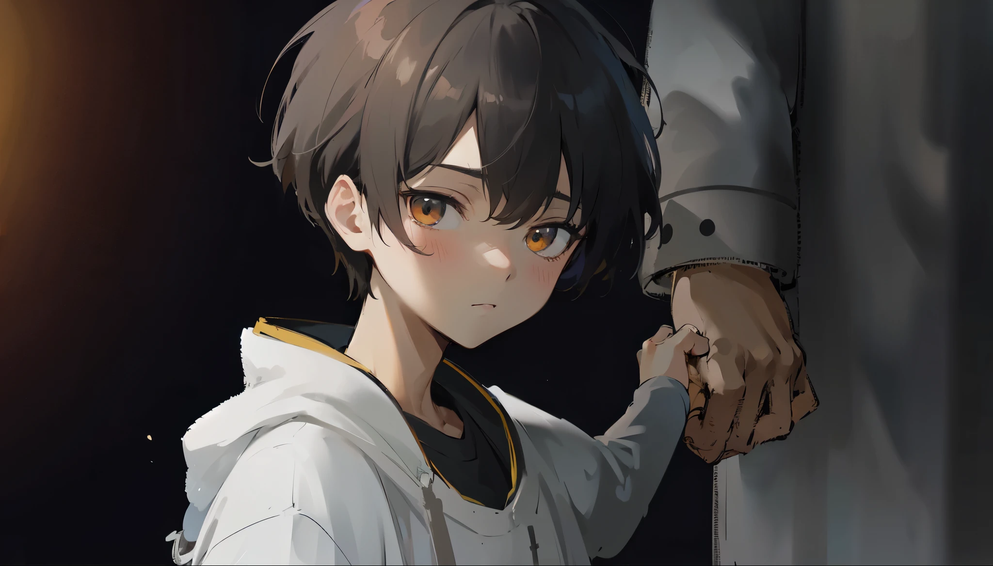 anime style male brown haired ??? with an emotionless face looking at the light, , golden eyes, white lab hoody, ((holding hands with an adult man wearing a lab coat)), evangelion,