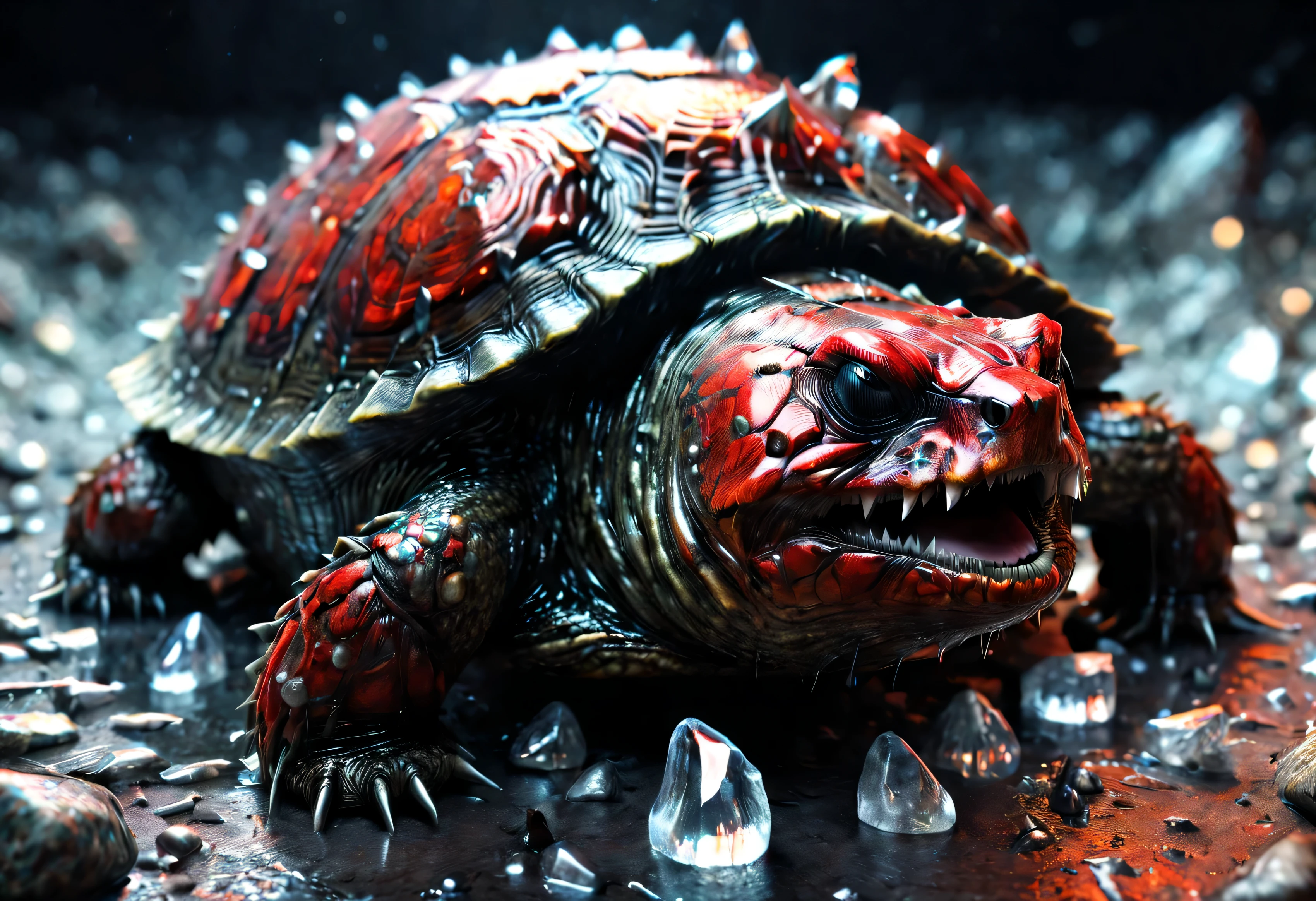 render of angry snapping-turtle with shell studded in crystals, quarter-angle Portrait of a red-snapping turtle, magical character, official illustration, (creepy, scary) subsurface scattering portrait of a ferocious turtle with shell studded in crystals, ultra detailed sharp lines high saturation