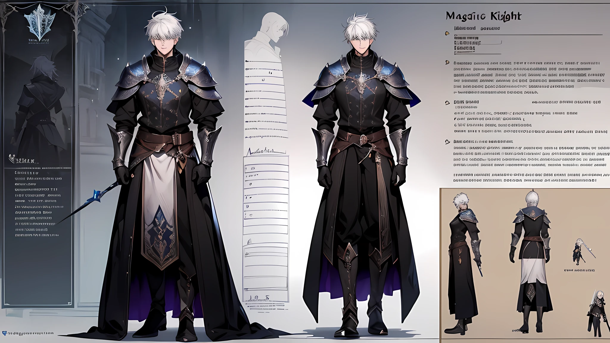 1 boy, solo, white hair, short hair, gray eyes, black shirt, metal cuffs, black gloves, high boots, metal gloves, medieval theme, looking at viewer, fantasy art, beautiful painting, guwaika style, epic exquisite character art, stunning characters, (reference sheet:1.5), The system said Congratulations that You have defeated Trevion of Evil level 80, A characteristic of Magic Knight of Marchen  was that the player’s level-up does not directly affect the improvement of their stats. The higher the level, the higher the limit of the character’s stats was, but it was not a factor to be concerned about much