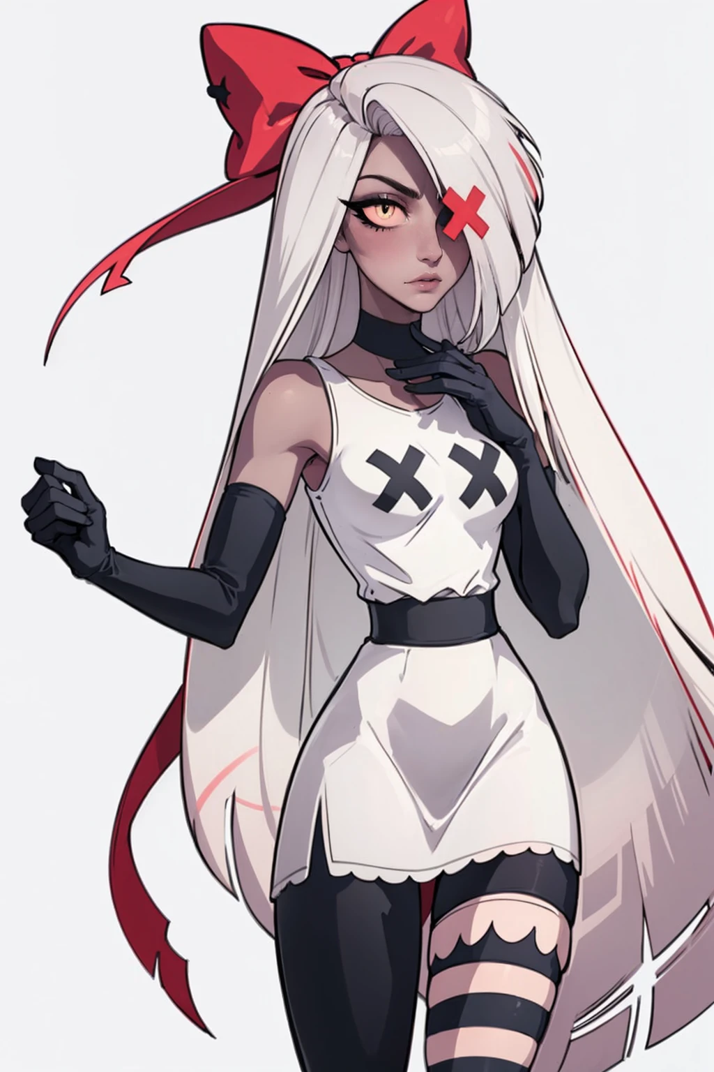 (Vaggie:1.0), (casual outfit, white dress, stockings, gloves:1.5), (pastel-pink sclera, black pupil, grey skin, white hair, long hair, hair bow:1.2), (white background:1.5), (realistic:1.2), (masterpiece:1.2), (full-body-shot:1),(Cowboy-shot:1.2), neon lighting, dark romantic lighting, (highly detailed:1.2),(detailed face:1.2), (gradients), colorful, detailed eyes, (detailed landscape:1.2), (natural lighting:1.2), (cute pose:1.2), (solo, one person, 1girl:1.5), standing,