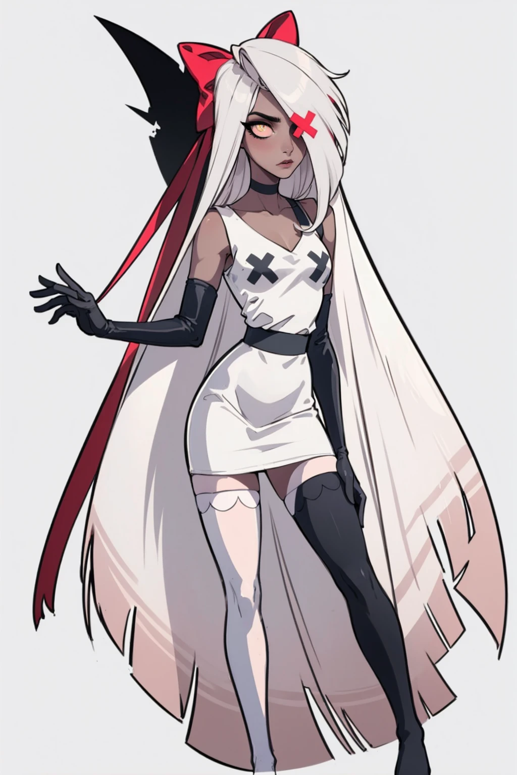 (Vaggie:1.0), (casual outfit, white dress, stockings, gloves:1.5), (pastel-pink sclera, black pupil, grey skin, white hair, long hair, hair bow:1.2), (white background:1.5), (realistic:1.2), (masterpiece:1.2), (full-body-shot:1),(Cowboy-shot:1.2), neon lighting, dark romantic lighting, (highly detailed:1.2),(detailed face:1.2), (gradients), colorful, detailed eyes, (detailed landscape:1.2), (natural lighting:1.2), (cute pose:1.2), (solo, one person, 1girl:1.5), standing, 