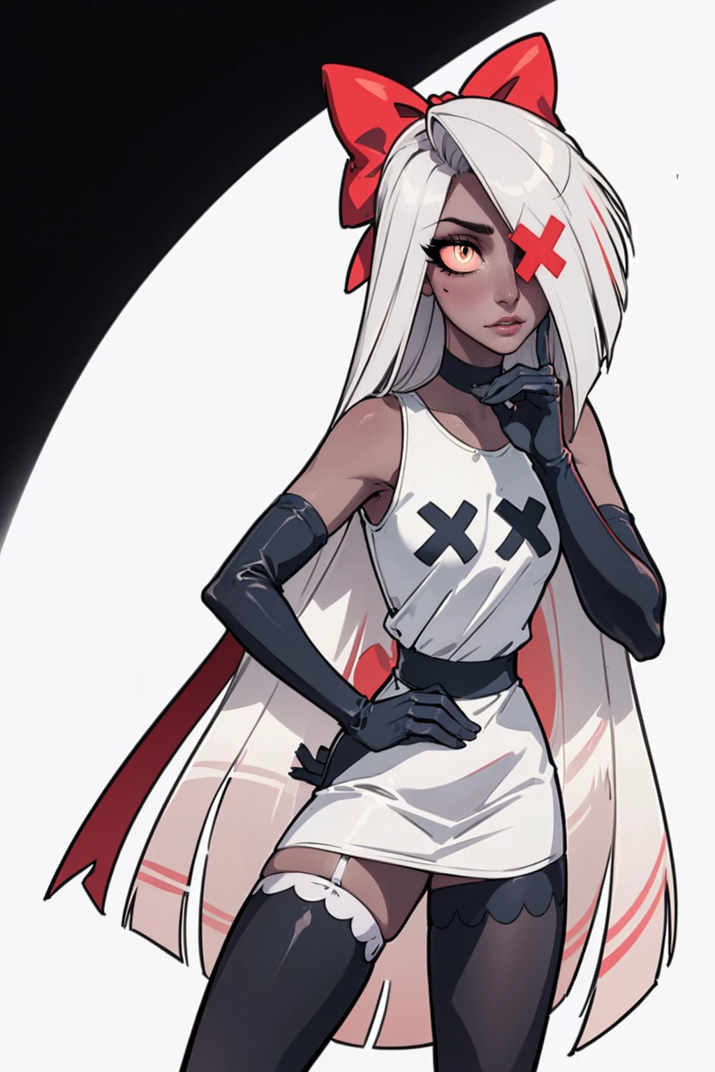 (Vaggie:1.0), (casual outfit, white dress, stockings, gloves:1.5), (pastel-pink sclera, black pupil, grey skin, white hair, long hair, hair bow:1.2), (white background:1.5), (realistic:1.2), (masterpiece:1.2), (full-body-shot:1),(Cowboy-shot:1.2), neon lighting, dark romantic lighting, (highly detailed:1.2),(detailed face:1.2), (gradients), colorful, detailed eyes, (detailed landscape:1.2), (natural lighting:1.2), (cute pose:1.2), (solo, one person, 1girl:1.5), standing, 