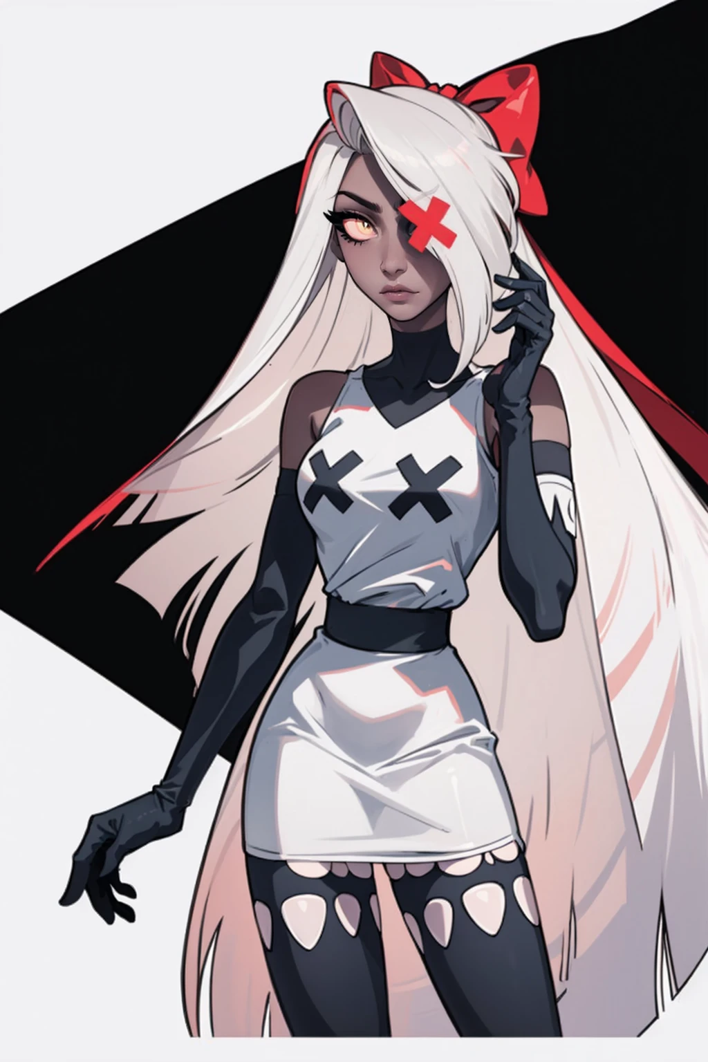 (Vaggie:1.0), (casual outfit, white dress, stockings, gloves:1.5), (pastel-pink sclera, black pupil, grey skin, white hair, long hair, hair bow:1.2), (white background:1.5), (realistic:1.2), (masterpiece:1.2), (full-body-shot:1),(Cowboy-shot:1.2), neon lighting, dark romantic lighting, (highly detailed:1.2),(detailed face:1.2), (gradients), colorful, detailed eyes, (detailed landscape:1.2), (natural lighting:1.2), (cute pose:1.2), (solo, one person, 1girl:1.5), standing,