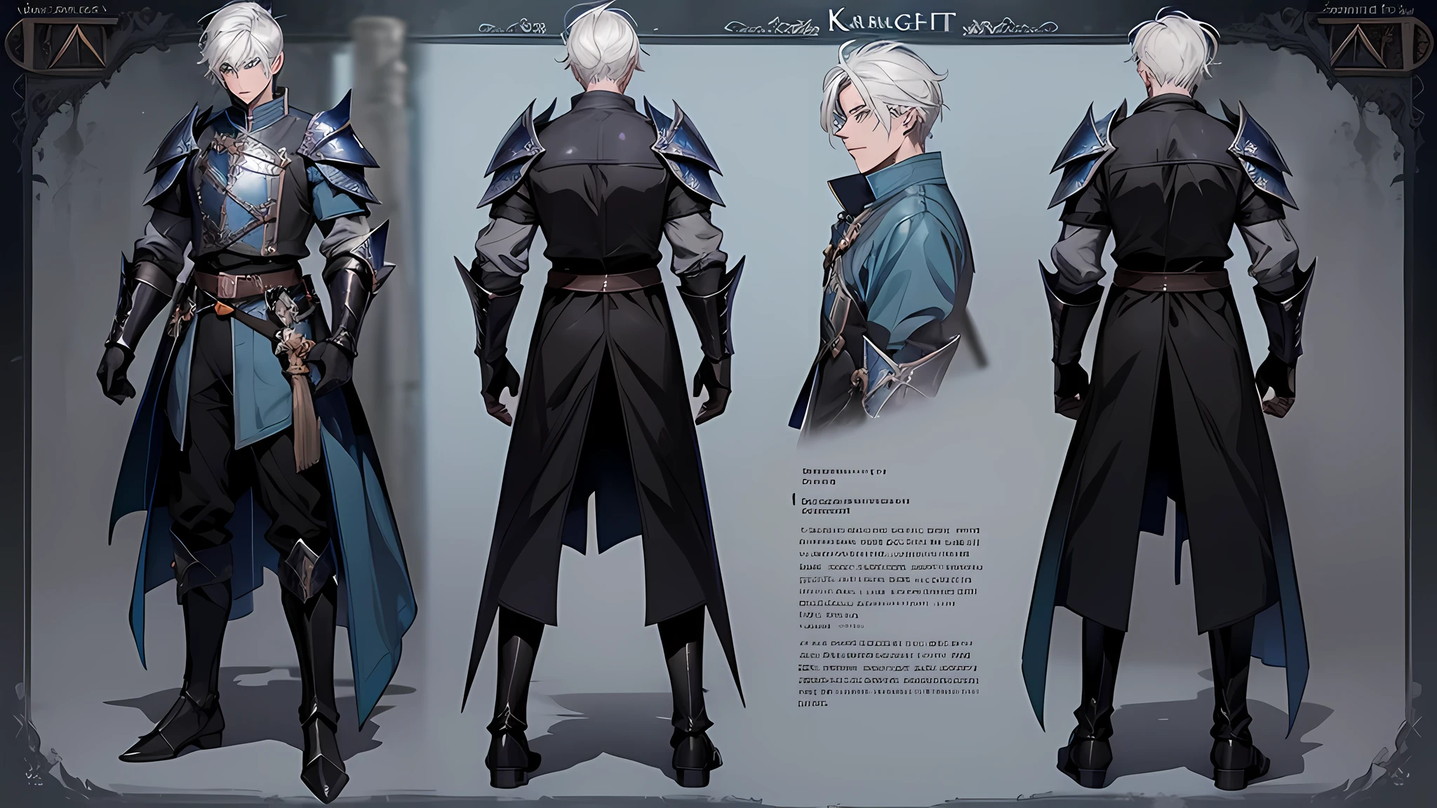 1 boy, solo, white hair, short hair, gray eyes, black shirt, metal cuffs, black gloves, high boots, metal gloves, medieval theme, looking at viewer, fantasy art, beautiful painting, guwaika style, epic exquisite character art, stunning characters, (reference sheet:1.5), The system said Congratulations that You have defeated Trevion of Evil level 80, A characteristic of Magic Knight of Marchen was that the player’s level-up does not directly affect the improvement of their stats. The higher the level, the higher the limit of the character’s stats was, but it was not a factor to be concerned about much