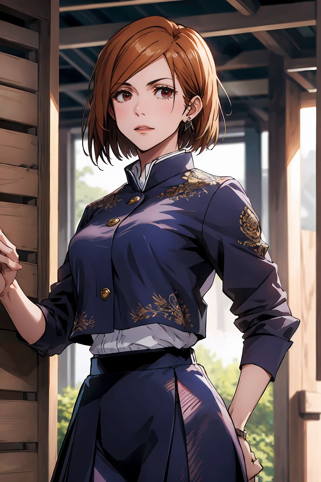 1girl, cowboy shot, beautiful Nobara, school_uniform, bangs, jacket,, volumetric lighting, best quality, masterpiece, intricate details, tonemapping, sharp focus, hyper detailed, trending on Art Station, 4k,full body