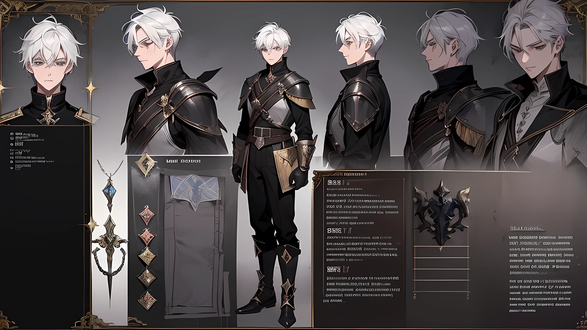1 boy, solo, white hair, short hair, gray eyes, black shirt, metal cuffs, black gloves, high boots, metal gloves, medieval theme, looking at viewer, fantasy art, beautiful painting, guwaika style, epic exquisite character art, stunning characters, (reference sheet:1.5), The system said Congratulations that You have defeated Trevion of Evil level 80, A characteristic of Magic Knight of Marchen was that the player’s level-up does not directly affect the improvement of their stats. The higher the level, the higher the limit of the character’s stats was, but it was not a factor to be concerned about much