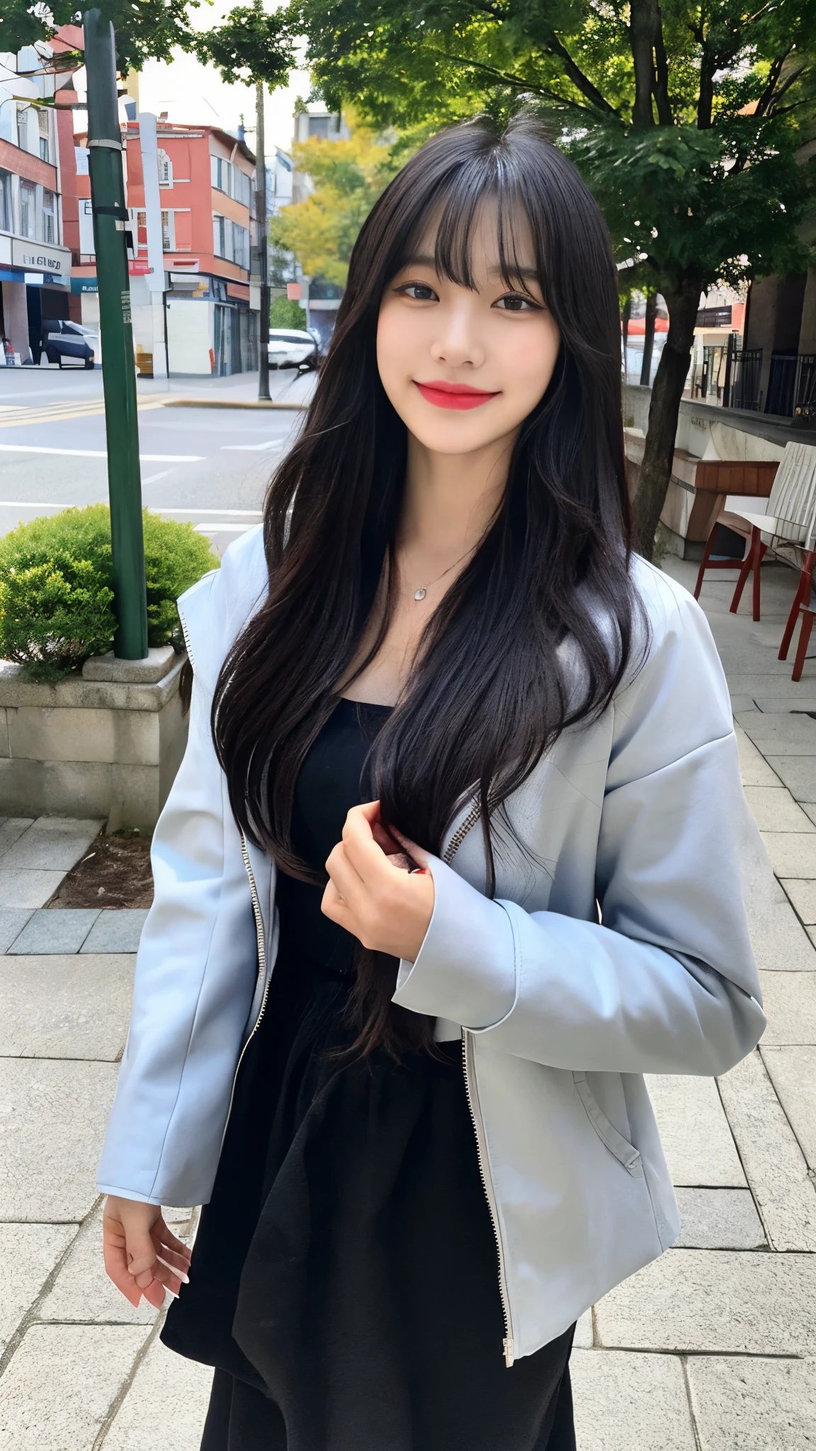 (8 thousand、top quality、masterpiece:1.2)、(realistic、realistic:1.9)、(laugh:0.2)、medium chest、beautiful and delicate eyes、full body sbian、(alone:1.8)、(look at the audience:1.3)、hair on wet hair、Smiling on a quiet street in the park、shoulder height short hair、The end of the hair touches the shoulder and then bounces up in a U shape...、Loose curly hair,、light bangs、I have bangs、Beautiful black haired woman in her 20s。No Man'so cute.、There is a sophisticated atmosphere。walking on the white sidewalk,、He looked around gracefully.......、Unlike the busy atmosphere of the city、、、、、、Radiates quiet beauty。그녀의 laugh는 주변 사람들에게도 있다々that'displayed々continues々This is、々This is、々This is、々Gives you a happy feeling, black leather jacket,