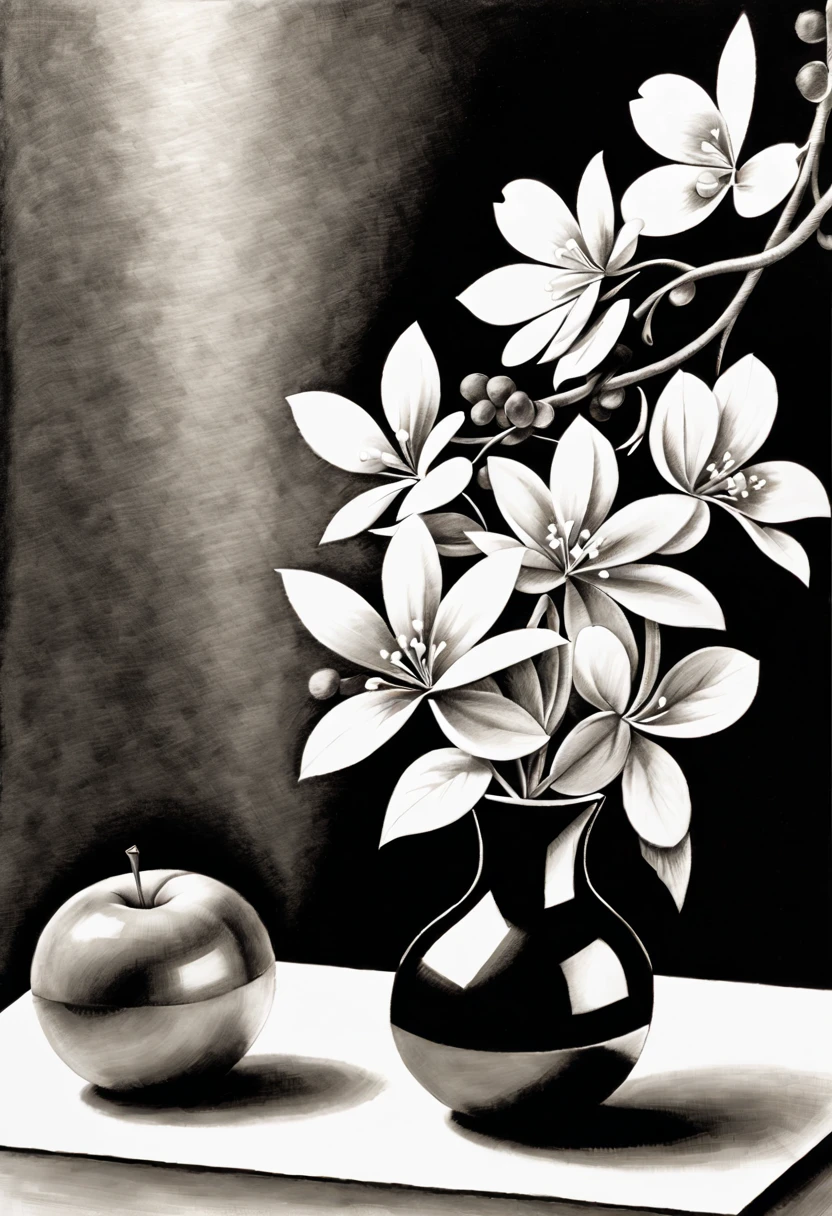 (Dibujo con carboncillo, charcoals for drawing bien definida:1.4), (abstracto:1.5), (mesa con mantel blanco largo, jarron con flores hermosas y silvestres, manzana , ramo de uvas en una frutera, tela arrugada cayendo en una esquina de la mesa, ( fondo oscuro,efecto de luz y sombra destacables:1.3)), (imagen en blanco, negro y grises:1.3), hermosos, obra maestra al mejor estilo de artista de artes.