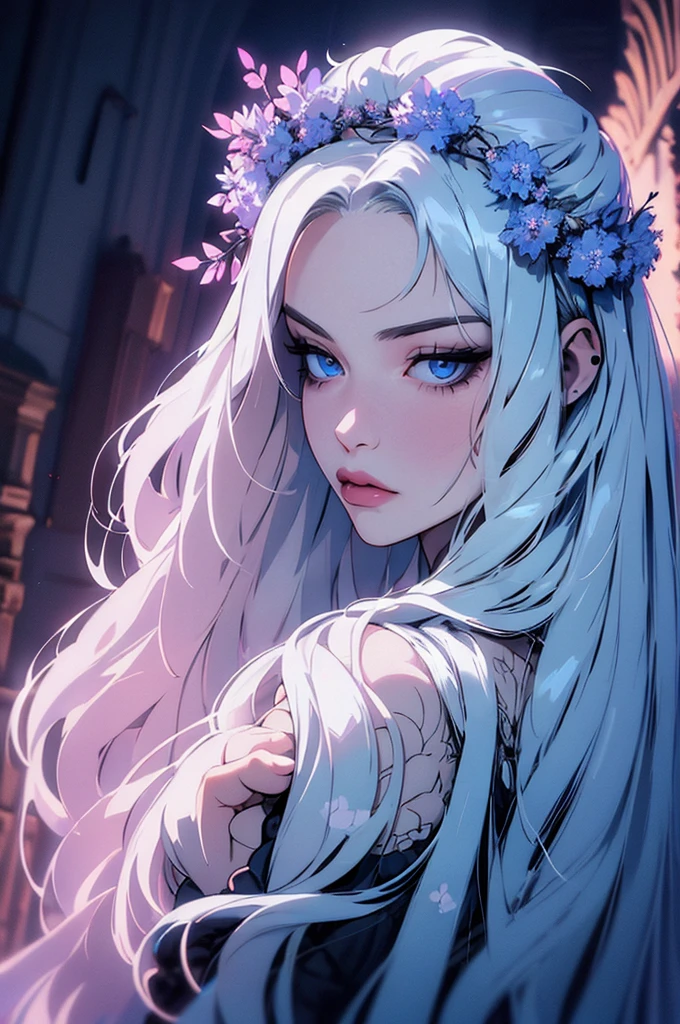 hyper-realistic  of a mysterious woman with flowing silver hair, piercing blue eyes, and a delicate floral crown, backwards, looking back, upper body