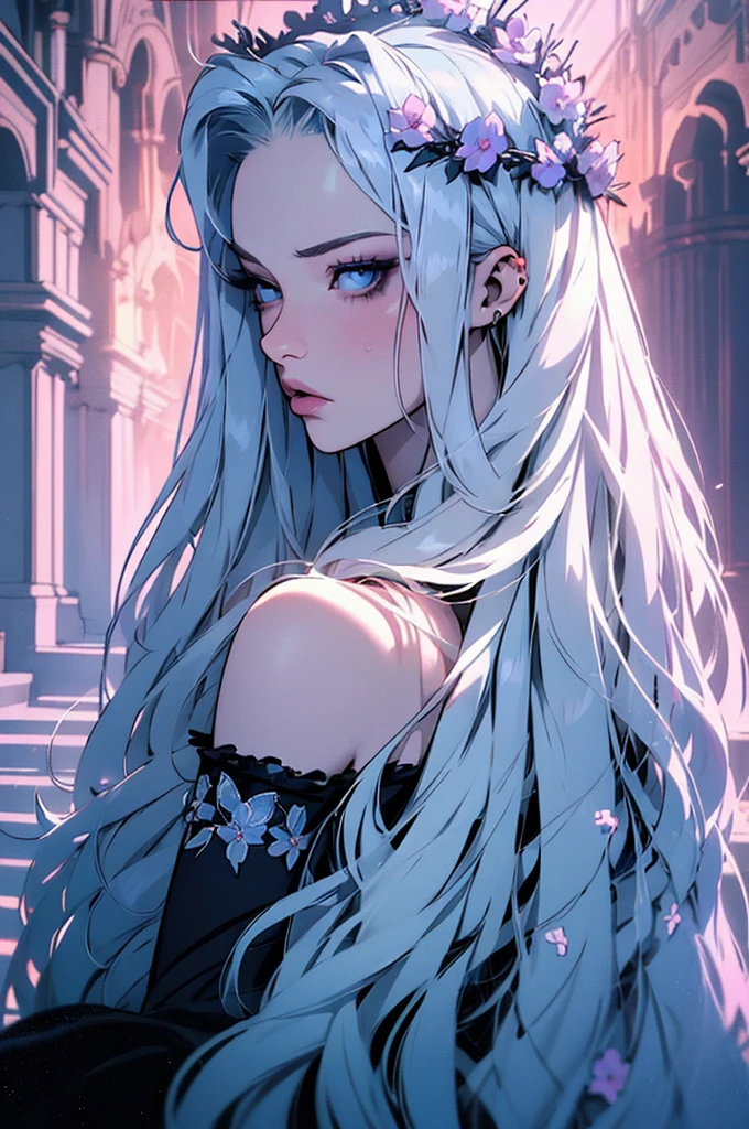 hyper-realistic  of a mysterious woman with flowing silver hair, piercing blue eyes, and a delicate floral crown, backwards, looking back, upper body
