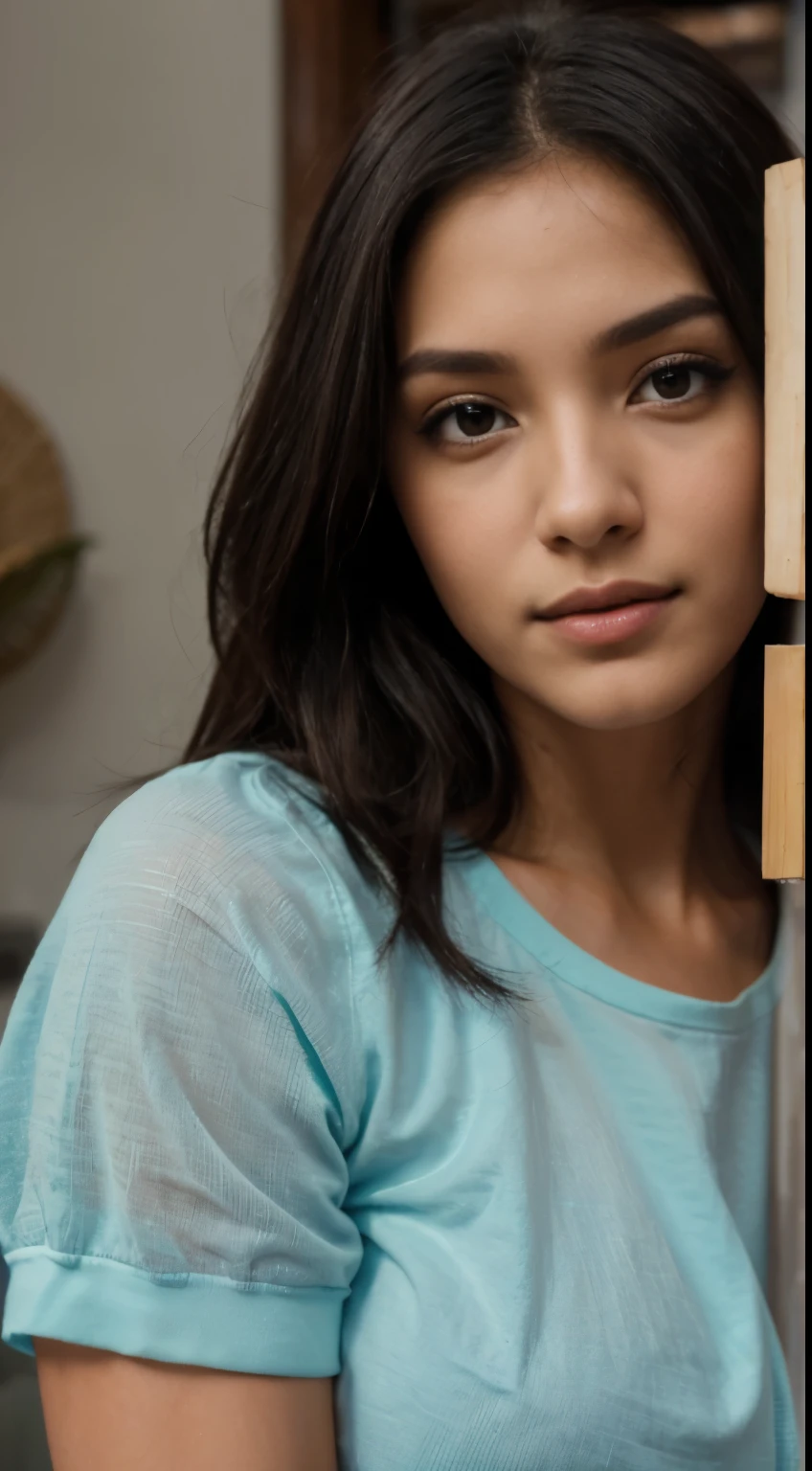 fotografias ultra-realistas,Modelo feminino indiano do Instagram,um 20,9:16,meio do tiro,lindos olhos detalhados,Detailed lips,long eyelashes,cabelo preto estiloso, sobrancelhas naturalmente cheias,nariz perfeitamente formado,rosto expressivo,attractive appearance,Foto sincera,vestido camiseta vibrante e colorido com gola alta, vestido simples, fundo de quarto de albergue, atmosfera serena,arquitetura deslumbrante,soft, natural lighting,cores vivas,fotorrealista,HDR,high resolution,studio lighting,ultra-detalhado,Bokeh,roupas totalmente cobertas