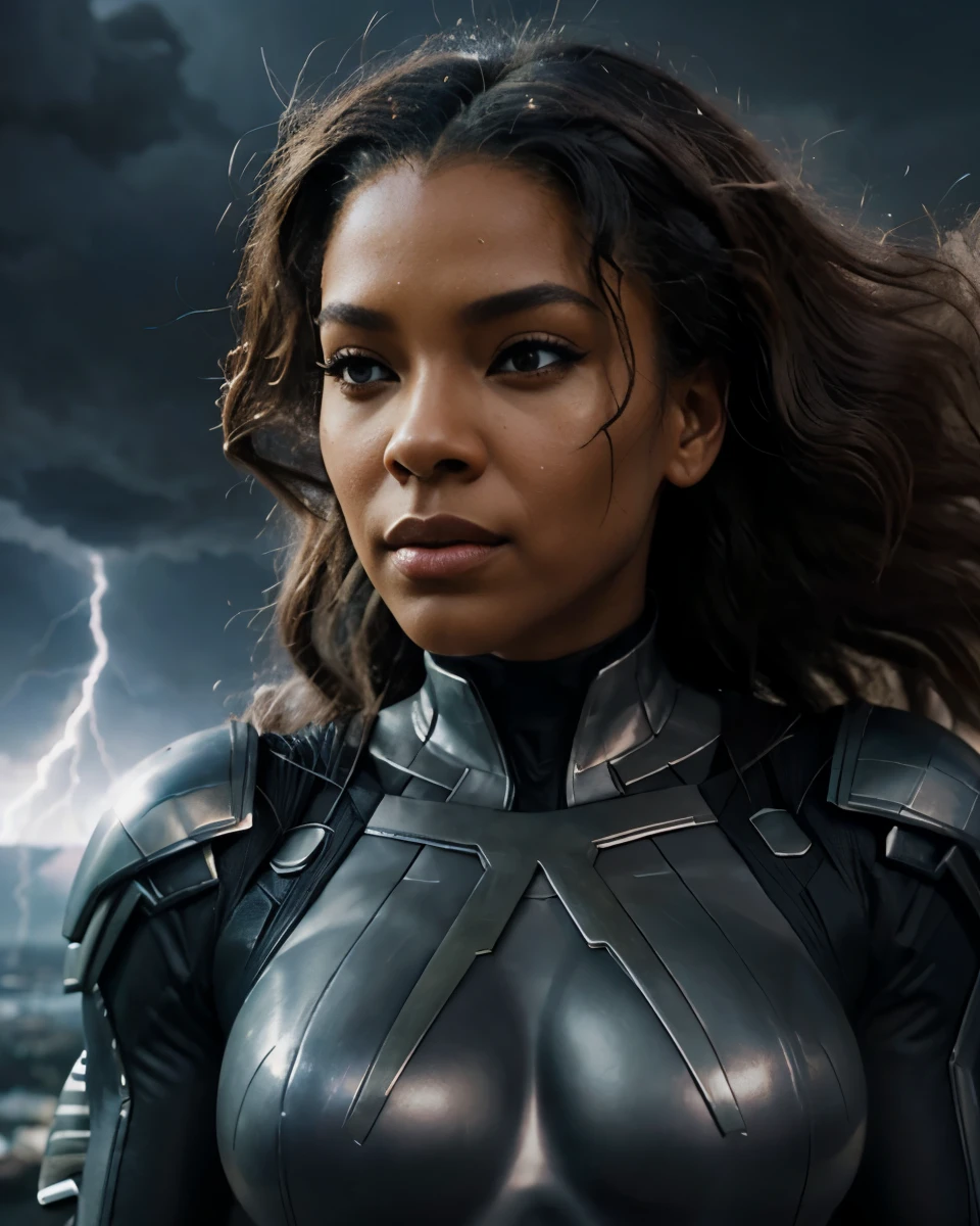 a Mid-torso and above picture of a woman in a lightning suit, a comic book panel by stanley artgerm, trending on Artstation, afrofuturism, x-men storm, portrait of ororo munroe, storm!, storm, storm arriving, chris moore. artgerm, marvelous expression, black thor, artgerm comic, in a lightning suit, x-men storm, portrait of ororo munroe, storm!, storm, storm arriving, chris moore. artgerm, marvelous expression, black thor, artgerm comic, darkpowerful elegant, splashes of lightning behind her, featured on artgerm, profile shot