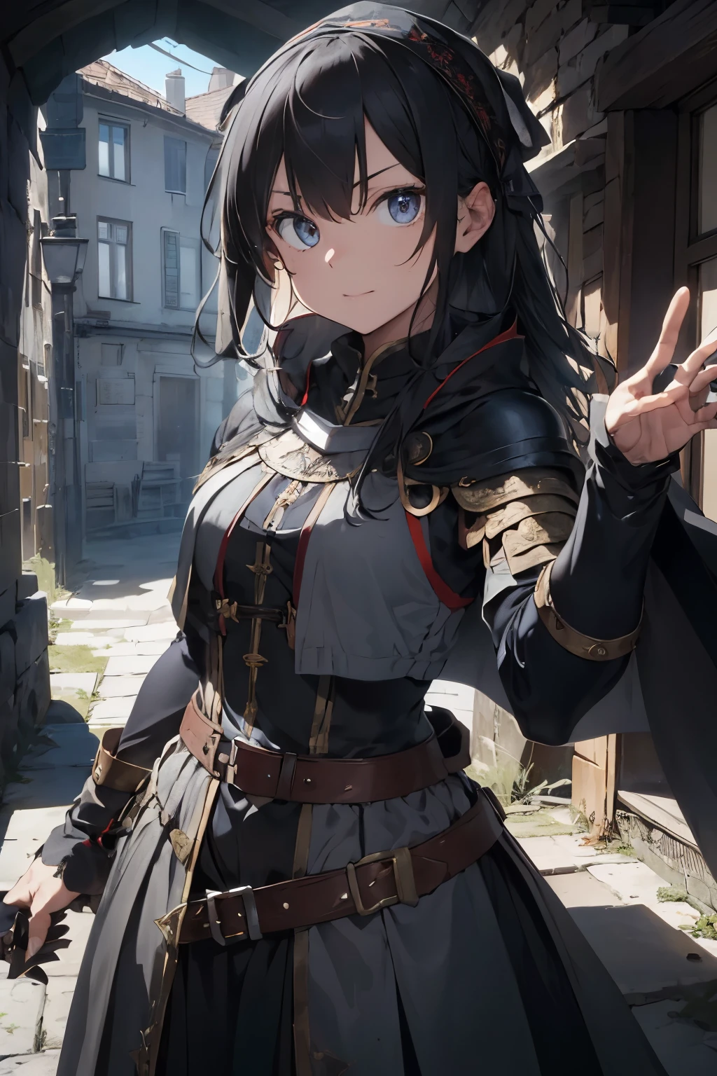 ((best quality)), ((Meisterwerk)), (detailliert), perfektes Gesicht, (Meisterwerk, best quality, detaillierter Hintergrund, Komplizierte Details), Fantasy-Thema, Herr der Ringe , black hair, long hair, Im Inneren des Dungeons, 1girl , ager , Zauberer , Magier , lange robe, breastplate , Umhang , Bandana, grau Augen, Dagger on the hip, Belt bags, selbstbewusster Ausdruck, dynamische Pose, rostige Schatztruhe, Steinmauern, dunkel , schwarze haare, lange haare, umhang, black cloak, light metal armor , evil look , Evil expression , hole body , light armor , grey eyes , magician cloak, magician clothing , Taverne