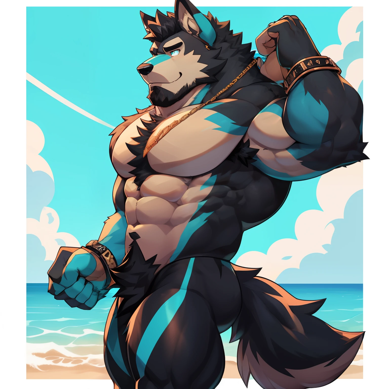 ((cel-shading, portrait, side view, bright beach background, light color palette, global lighting)), 1boy, abs, bara, bare shoulders, (black hair, body hair, copious luxuriant bushy far-reaching black chest hair, bushy black fur all over chest, hairier chest than possible), clothing cutout, cuffs, dark skinned male, thick facial hair, handcuffs, jewelry, large pectorals, (long bushy black sideburns), male focus, mature male, medium hair, slim, muscular, muscular male, navel, pectorals, short hair, sideburns, solo, stomach, stubble, thick thighs, (((cyan short tights))), thighs, tight, watch, (wolf, pubes, pubic hair, happy-trail, treasure-trail, copious luxuriant bushy far-reaching black nether-hair, very hairy snatch, wide landing strip), well defined eyes, bold black irises, big eyes, legs spread, spread legs, flip-flops, perineum