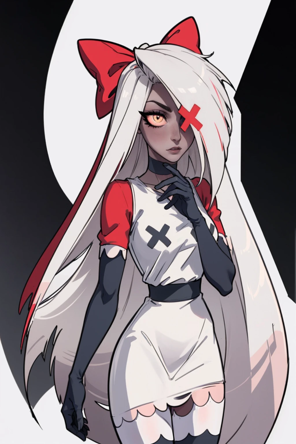 (Vaggie:1.0), (casual outfit, white dress, stockings, gloves:1.5), (pastel-pink sclera, black pupil, grey skin, white hair, long hair, hair bow:1.2), (white background:1.5), (realistic:1.2), (masterpiece:1.2), (full-body-shot:1),(Cowboy-shot:1.2), neon lighting, dark romantic lighting, (highly detailed:1.2),(detailed face:1.2), (gradients), colorful, detailed eyes, (detailed landscape:1.2), (natural lighting:1.2), (cute pose:1.2), (solo, one person, 1girl:1.5), standing, 