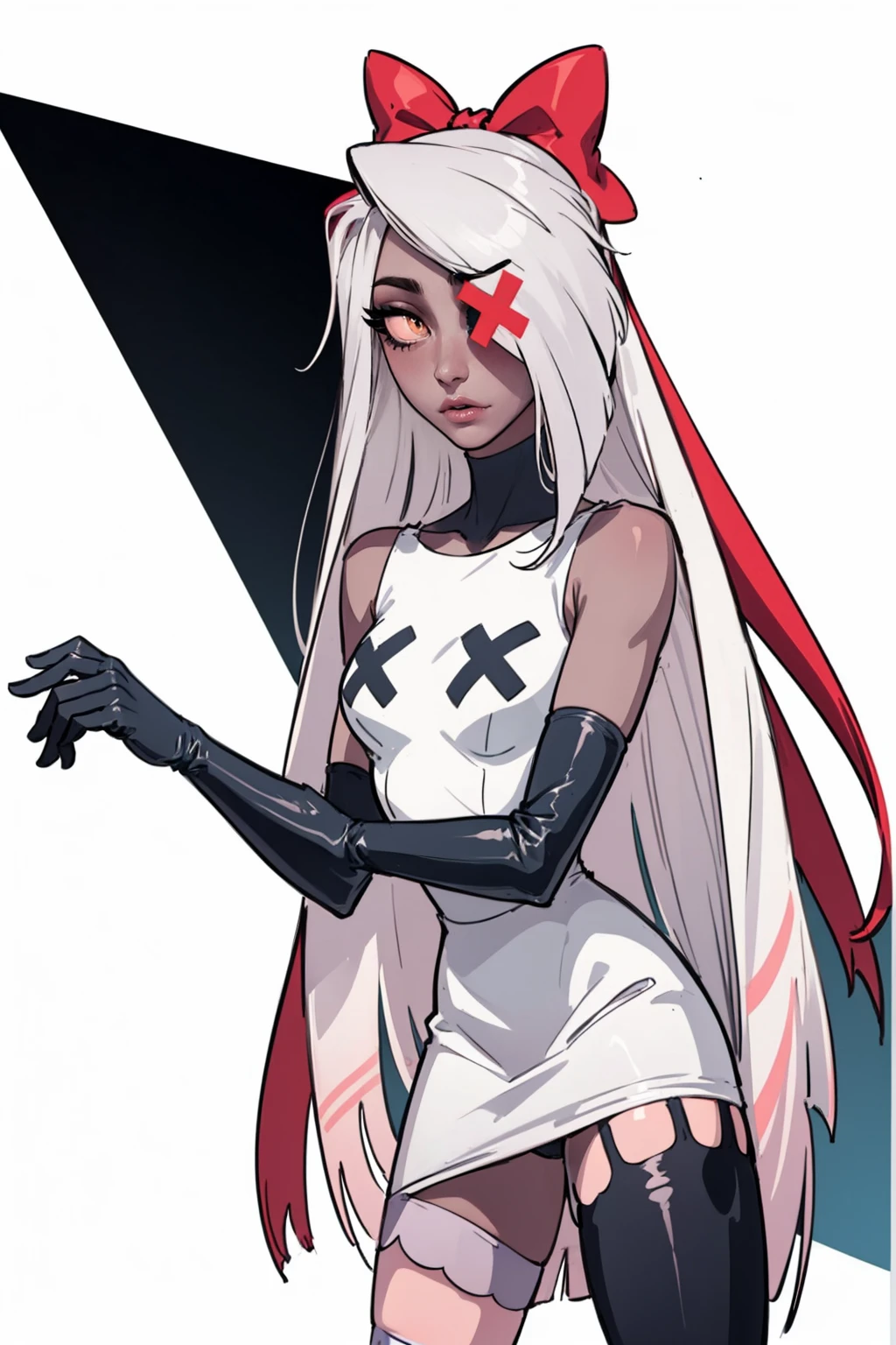 (Vaggie:1.0), (casual outfit, white dress, stockings, gloves:1.5), (pastel-pink sclera, black pupil, grey skin, white hair, long hair, hair bow:1.2), (white background:1.5), (realistic:1.2), (masterpiece:1.2), (full-body-shot:1),(Cowboy-shot:1.2), neon lighting, dark romantic lighting, (highly detailed:1.2),(detailed face:1.2), (gradients), colorful, detailed eyes, (detailed landscape:1.2), (natural lighting:1.2), (cute pose:1.2), (solo, one person, 1girl:1.5), standing, 