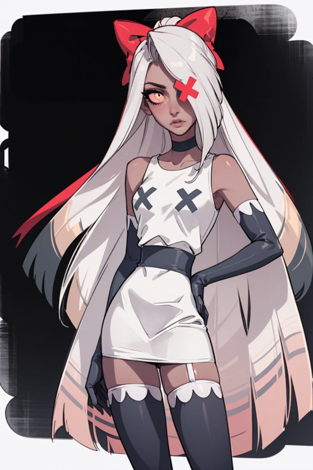 (Vaggie:1.0), (casual outfit, white dress, stockings, gloves:1.5), (pastel-pink sclera, black pupil, grey skin, white hair, long hair, hair bow:1.2), (white background:1.5), (realistic:1.2), (masterpiece:1.2), (full-body-shot:1),(Cowboy-shot:1.2), neon lighting, dark romantic lighting, (highly detailed:1.2),(detailed face:1.2), (gradients), colorful, detailed eyes, (detailed landscape:1.2), (natural lighting:1.2), (cute pose:1.2), (solo, one person, 1girl:1.5), standing, 
