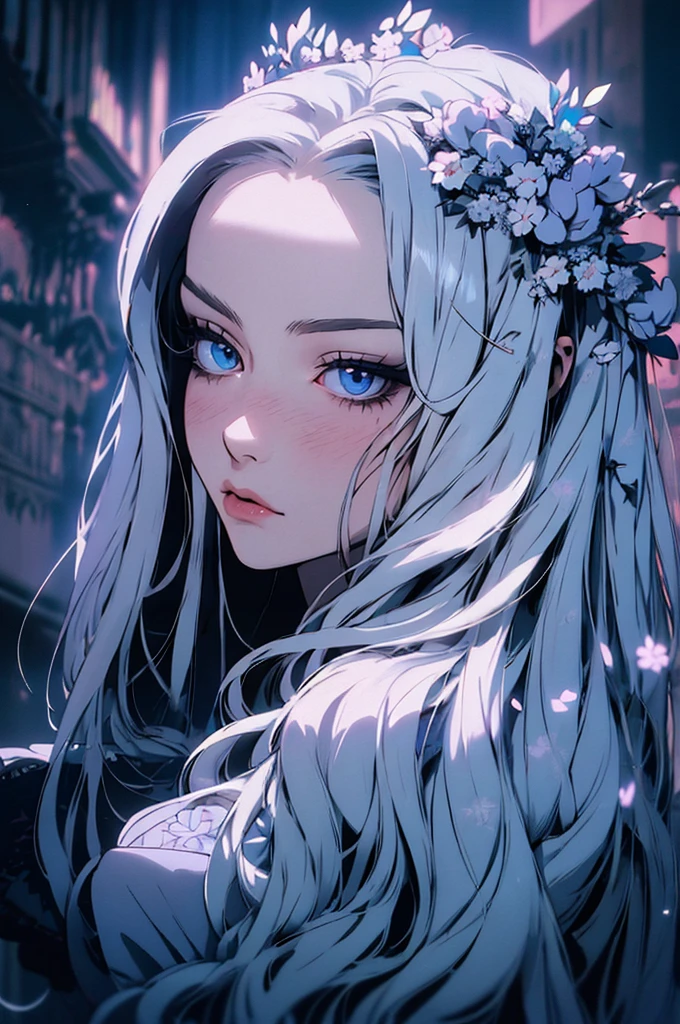 hyper-realistic  of a mysterious woman with flowing silver hair, piercing blue eyes, and a delicate floral crown, backwards, looking back, upper body