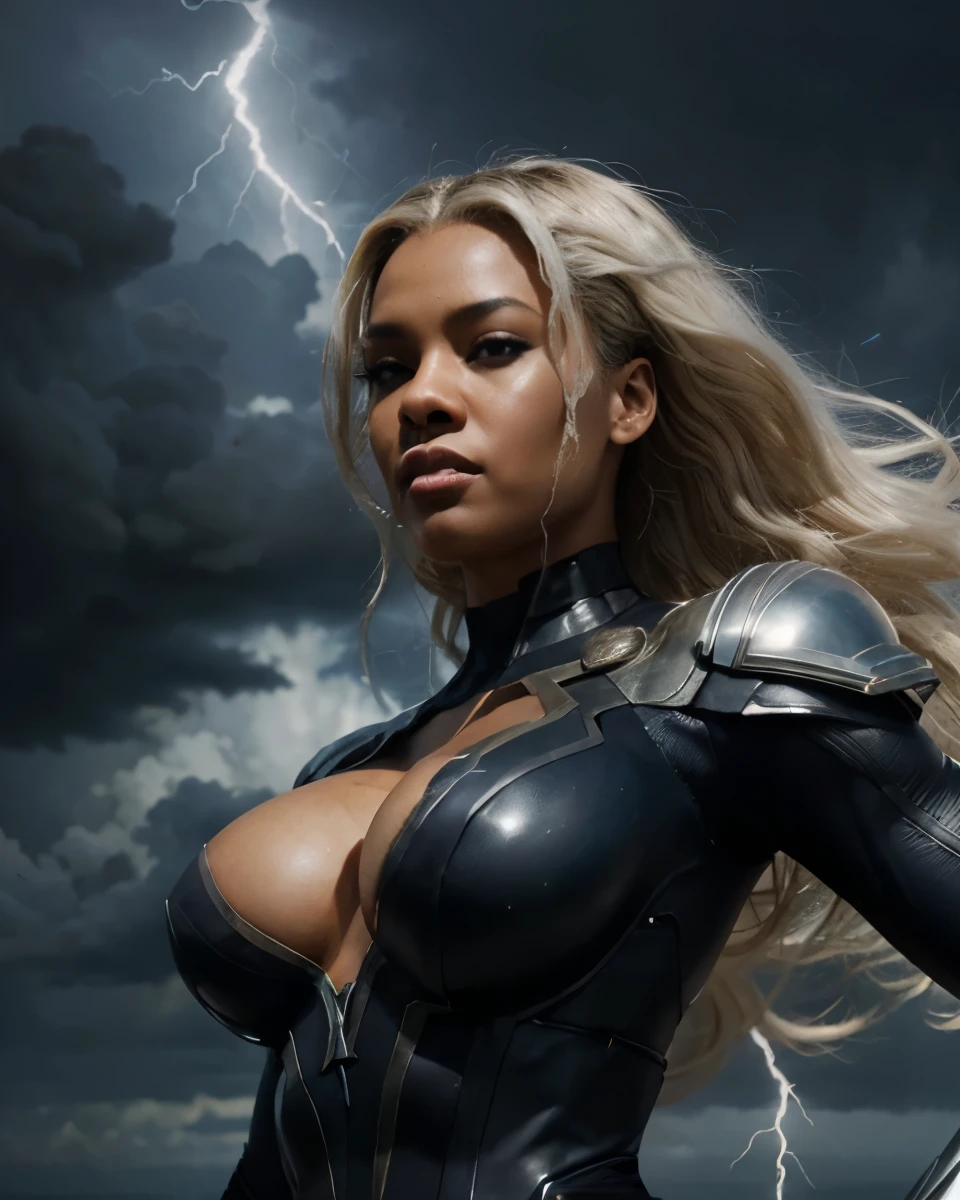 a Mid-torso and above picture of a woman in a lightning suit, a comic book panel by stanley artgerm, trending on Artstation, afrofuturism, x-men storm, portrait of ororo munroe, storm!, storm, storm arriving, chris moore. artgerm, marvelous expression, black thor, artgerm comic, in a lightning suit, x-men storm, portrait of ororo munroe, storm!, storm, storm arriving, chris moore. artgerm, marvelous expression, black thor, artgerm comic, darkpowerful elegant, splashes of lightning behind her, featured on artgerm, profile shot, more lightning, an no cleavage.