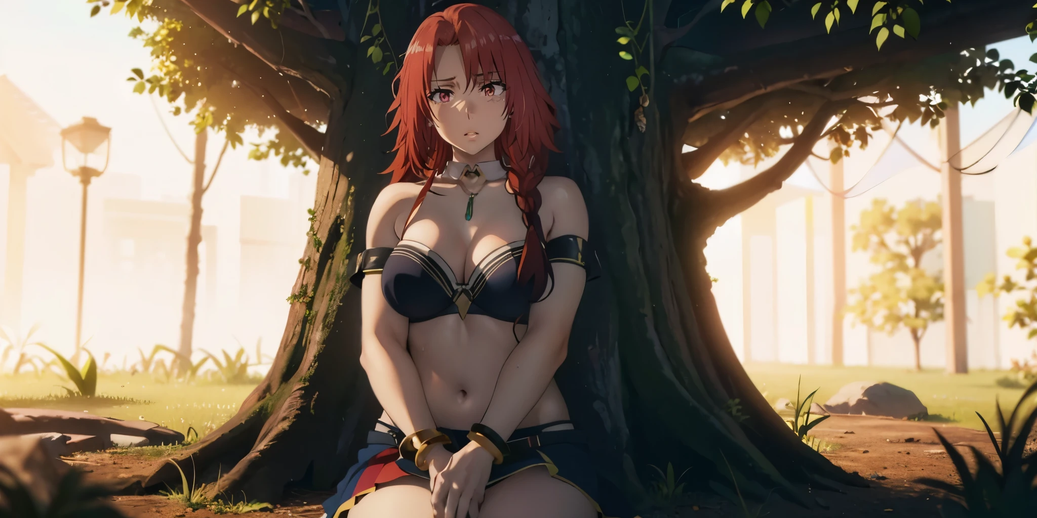 Iris, red hair, long hair, braid, red eyes, breasts, navel, jewelry, see-through, 1girl, wet_clothes, necklace, wet, large_breasts, tree, day, cleavage, nature, lips, outdoors, solo, shirt, skirt, bracelet, collarbone, grass, green_skirt, bare_shoulders, sitting, wet_shirt, looking_at_viewer, parted_lips, dutch_angle, thighs, bikini, glow effects, godrays, Hand drawn, render, 8k, octane render, cinema 4d, blender, dark, atmospheric 4k ultra detailed, cinematic, Sharp focus, big depth of field, Masterpiece, colors, 3d octane render, 4k, concept art, trending on artstation, hyperrealistic, Vivid colors, extremely detailed CG unity 8k wallpaper, trending on CGSociety, Intricate, High Detail, dramatic"", (excessive pubic hair:1.4), steaming body, sweating