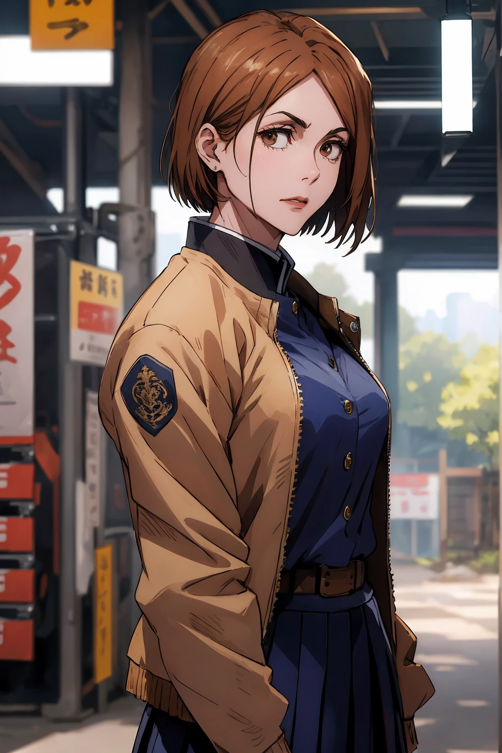 1girl, cowboy shot, beautiful Nobara, school_uniform, bangs, jacket,, volumetric lighting, best quality, masterpiece, intricate details, tonemapping, sharp focus, hyper detailed, trending on Art Station, 4k,full body