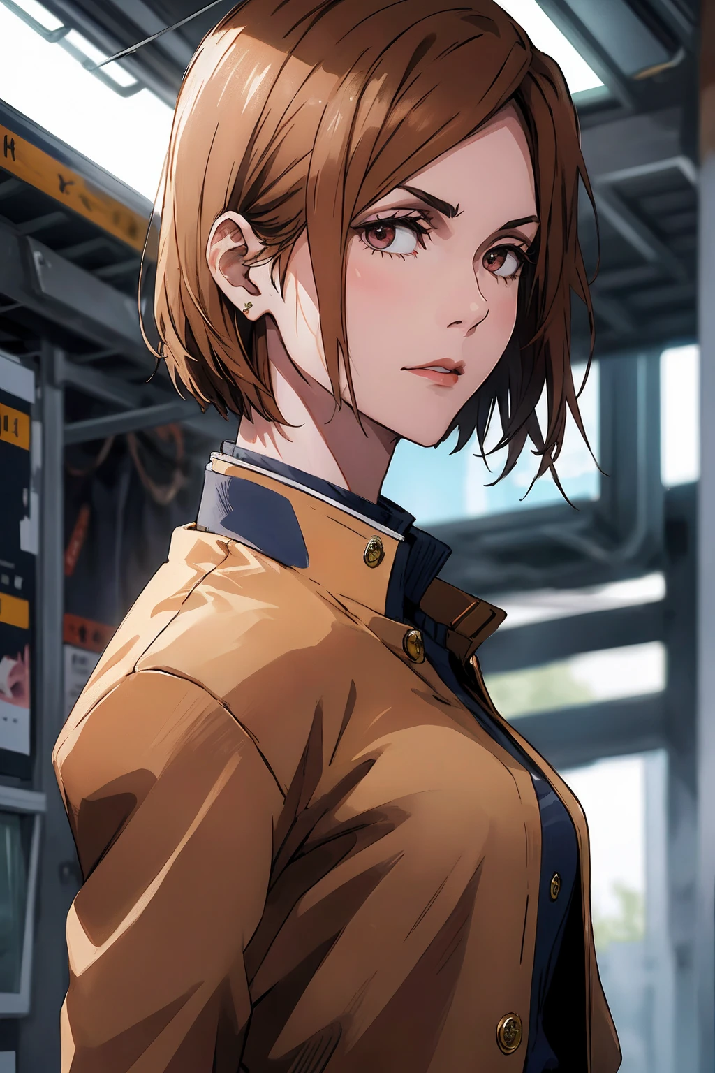 1girl, cowboy shot, beautiful Nobara, school_uniform, bangs, jacket,, volumetric lighting, best quality, masterpiece, intricate details, tonemapping, sharp focus, hyper detailed, trending on Art Station, 4k,full body