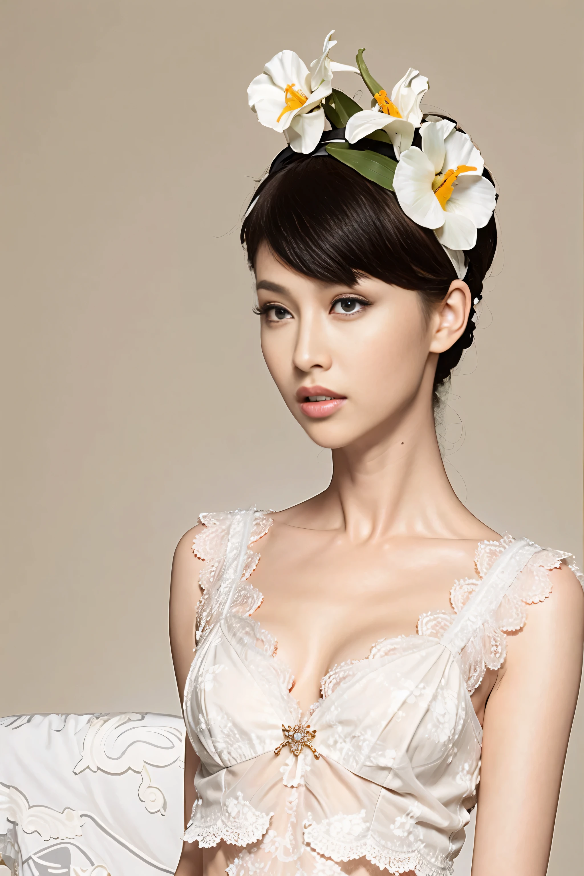 fashion model 20 years old [[[[close up]]]], [[[[neck]]]], [[[[Shoulder]]]], perfect eyes, perfect iris，perfect lips，perfect teeth，perfect skin，White skin，Soft headlight，High Density Imaging Review，Face slimming type，slender nose，long black hair，（Face is clear and delicate），((white lace underwear))，((Sexy))，((The background is the bedroom))，((ground))，best quality，masterpiece，（pastel colors：1.2）