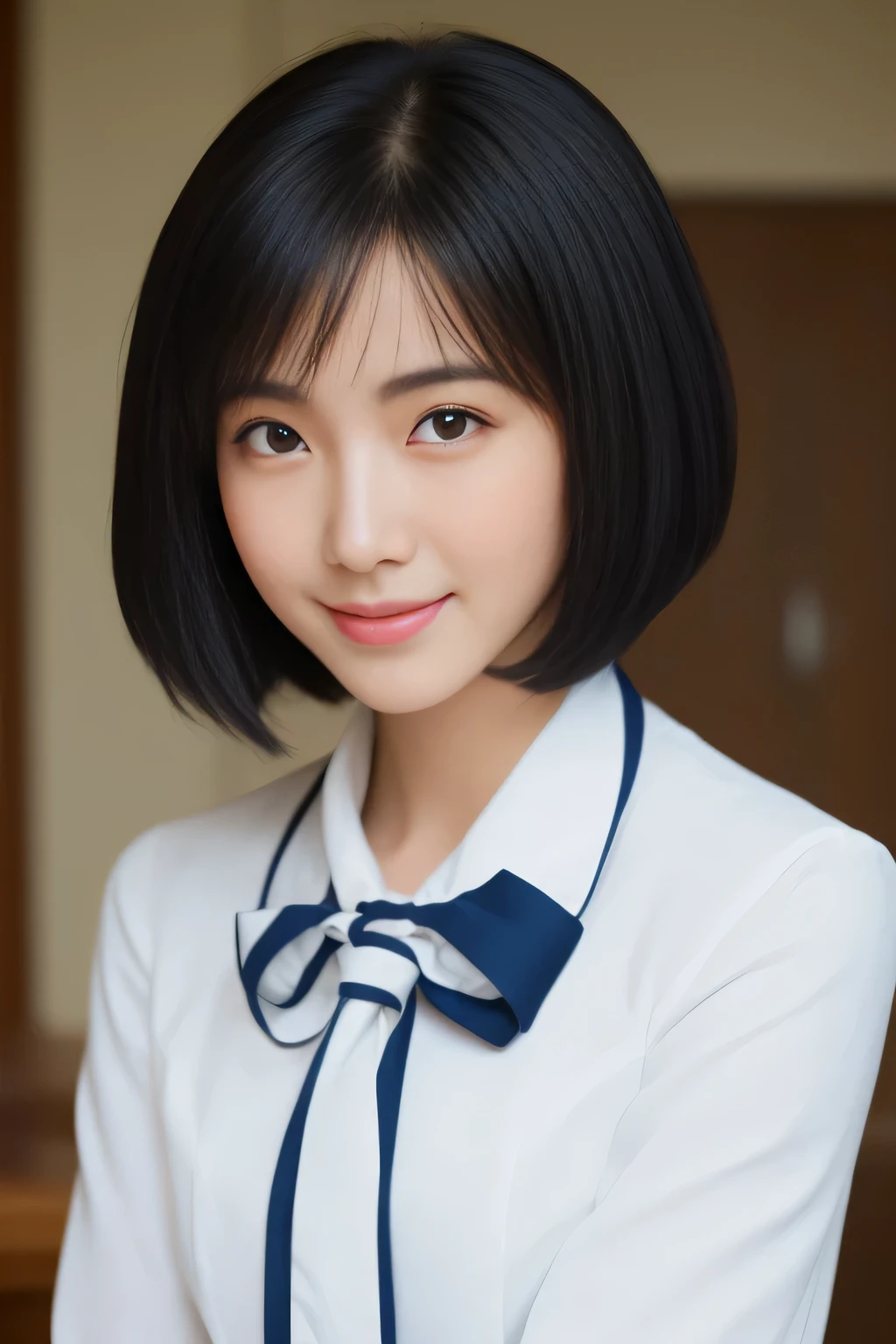 ((8K:1.27、highest quality、masterpiece、ultra high resolution:1.2))、 beautiful japanese woman、 (High School Teacher:1.3)、1 girl、Teacher's costume、big bust:1.5、valley、black hair、black eye、short hair、Beautiful woman、high school classroom、evening、enchanting smile、((perfect ???????、beautiful limbs,healthy body、beautiful skin))、natural body、professional lighting、professional photography、gravure、