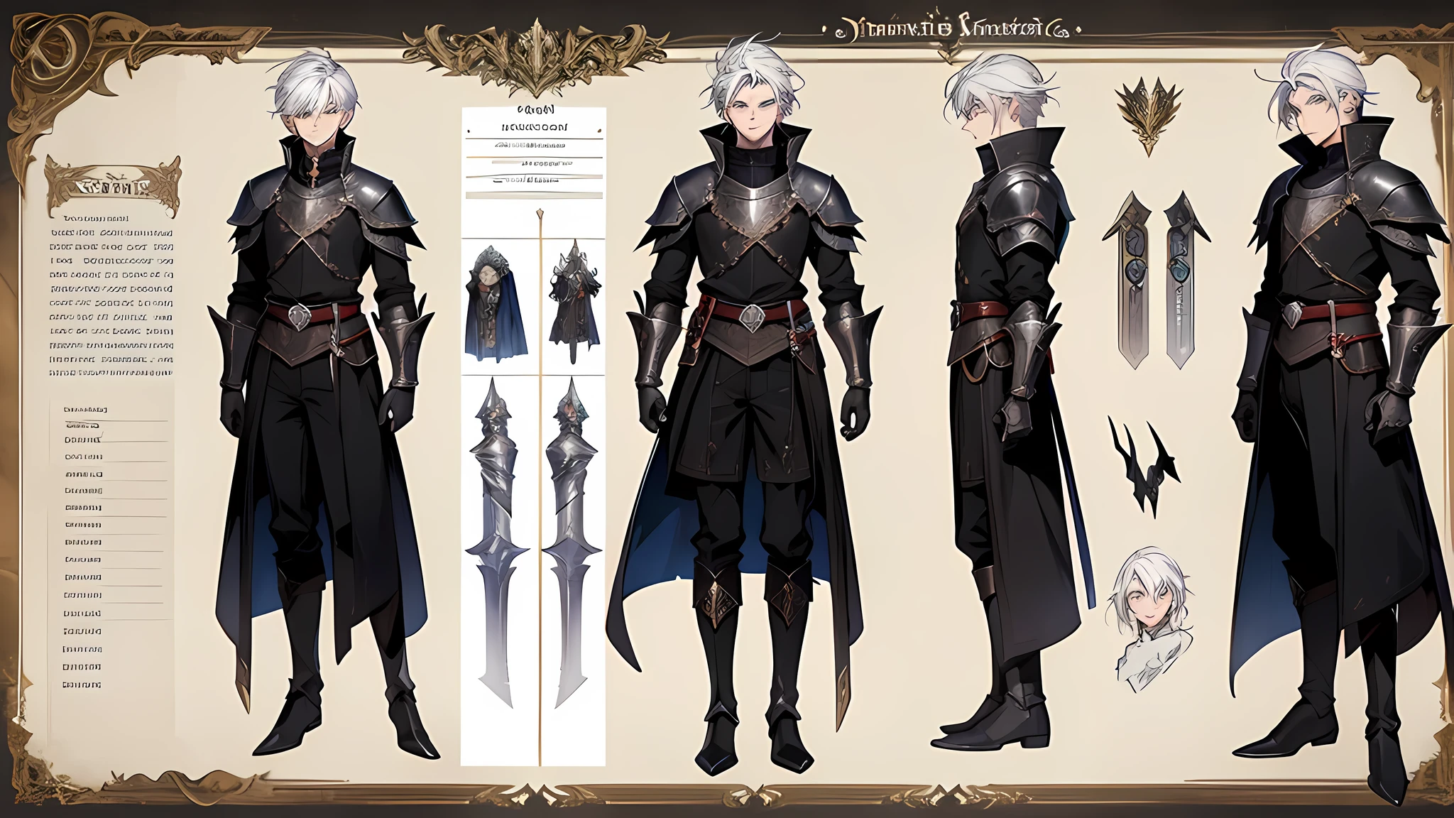 1 boy, solo, white hair, short hair, gray eyes, black shirt, metal cuffs, black gloves, high boots, metal gloves, medieval theme, looking at viewer, fantasy art, beautiful painting, guwaika style, epic exquisite character art, stunning characters, (reference sheet:1.5), The system said Congratulations that You have defeated Trevion of Evil level 80, A characteristic of Magic Knight of Marchen was that the player’s level-up does not directly affect the improvement of their stats. The higher the level, the higher the limit of the character’s stats was, but it was not a factor to be concerned about much
