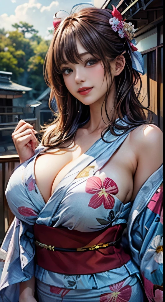 (2girls:1.5), Beautiful girl of the highest grade, Open smiling mouth slightly, Realistic, extremely detailed CG unified 8k wallpaper, highly detailed, High-definition raw color photos, professional photograpy, Realistic portrait, Cinematic Light, Beautiful detailed, (Big breasts:1.5), (cleavage of the breast:1.2), (Bare shoulders), (Floral yukata with wide open chest:1.5), bared  chest, Outdoors, Night, (Best Quality:1.4), Super Detail, High quality, masutepiece