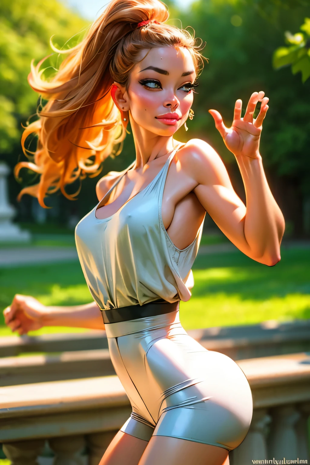 (best quality,4k,8k,highres,masterpiece:1.2),ultra-detailed,(realistic,photorealistic,photo-realistic:1.37),HDR,UHD,((misty)), pokemon character, studio lighting,ultra-fine painting,sharp focus,physically-based rendering,extreme detail description,professional,(orange hair), side short ponytail, (red suspenders), yellow tank top, short blue shorts, vivid colors,bokeh,portraits,soft colors,warm lighting,glowing skin,delicate features,expressive eyes,sensual lips,flawless complexion,subtle makeup,feminine posture,ethereal atmosphere,dreamy summer vibes,golden hour lighting,flowing dress,gentle breeze,warm sunlight,playful smile,graceful movement,seamless integration between subject and background,subtle texture,filmic aesthetic,romantic mood,elaborate hairstyles,graceful gestures,curve-hugging outfit,vibrant color palette,soft focus,romantic ambiance,lush greenery,stone architecture,beautifully adorned columns,timeless setting.