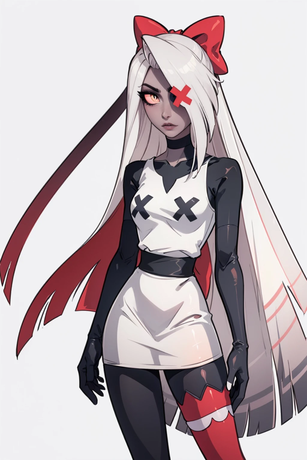 (Vaggie:1.0), (casual outfit, white dress, stockings, gloves:1.5), (pastel-pink sclera, black pupil, grey skin, white hair, long hair, hair bow:1.2), (white background:1.5), (realistic:1.2), (masterpiece:1.2), (full-body-shot:1),(Cowboy-shot:1.2), neon lighting, dark romantic lighting, (highly detailed:1.2),(detailed face:1.2), (gradients), colorful, detailed eyes, (detailed landscape:1.2), (natural lighting:1.2), (cute pose:1.2), (solo, one person, 1girl:1.5), standing, 