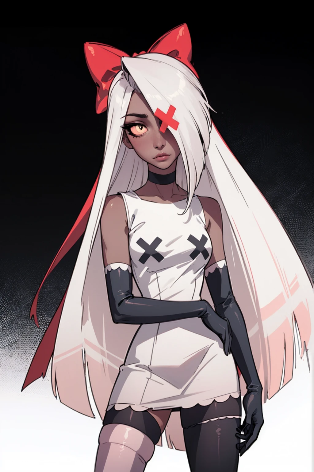 (Vaggie:1.0), (casual outfit, white dress, stockings, gloves:1.5), (pastel-pink sclera, black pupil, grey skin, white hair, long hair, hair bow:1.2), (white background:1.5), (realistic:1.2), (masterpiece:1.2), (full-body-shot:1),(Cowboy-shot:1.2), neon lighting, dark romantic lighting, (highly detailed:1.2),(detailed face:1.2), (gradients), colorful, detailed eyes, (detailed landscape:1.2), (natural lighting:1.2), (cute pose:1.2), (solo, one person, 1girl:1.5), standing,