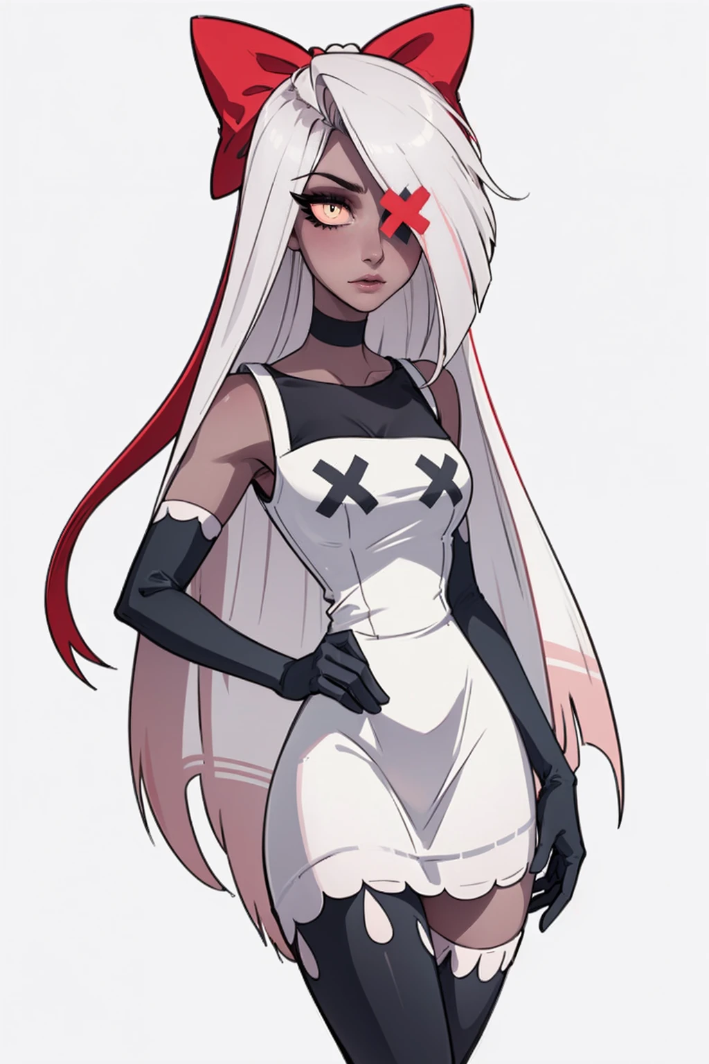 (Vaggie:1.0), (casual outfit, white dress, stockings, gloves:1.5), (pastel-pink sclera, black pupil, grey skin, white hair, long hair, hair bow:1.2), (white background:1.5), (realistic:1.2), (masterpiece:1.2), (full-body-shot:1),(Cowboy-shot:1.2), neon lighting, dark romantic lighting, (highly detailed:1.2),(detailed face:1.2), (gradients), colorful, detailed eyes, (detailed landscape:1.2), (natural lighting:1.2), (cute pose:1.2), (solo, one person, 1girl:1.5), standing, 