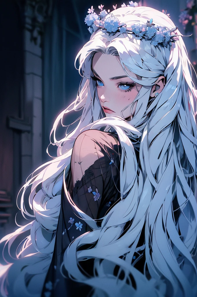 hyper-realistic of a mysterious woman with flowing silver hair, piercing blue eyes, and a delicate floral crown, backwards, looking back, upper body