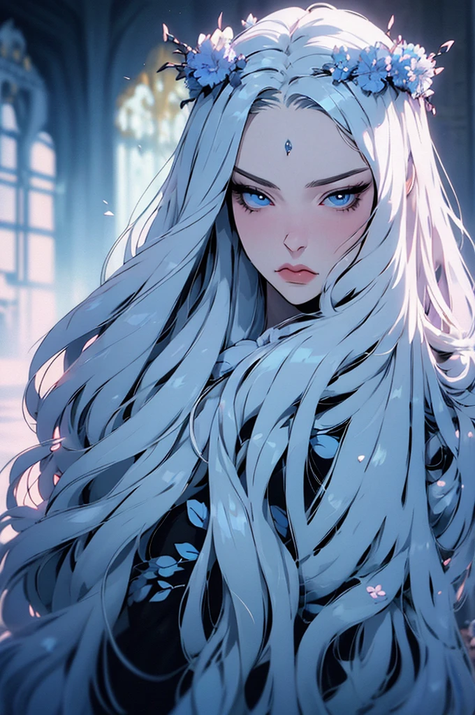 hyper-realistic  of a mysterious woman with flowing silver hair, piercing blue eyes, and a delicate floral crown, backwards, looking back, upper body