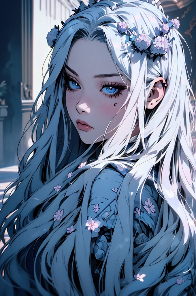 hyper-realistic  of a mysterious woman with flowing silver hair, piercing blue eyes, and a delicate floral crown, backwards, looking back, upper body