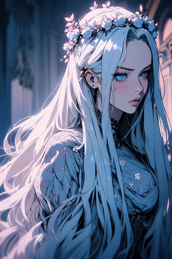 hyper-realistic of a mysterious woman with flowing silver hair, piercing blue eyes, and a delicate floral crown, backwards, looking back, upper body