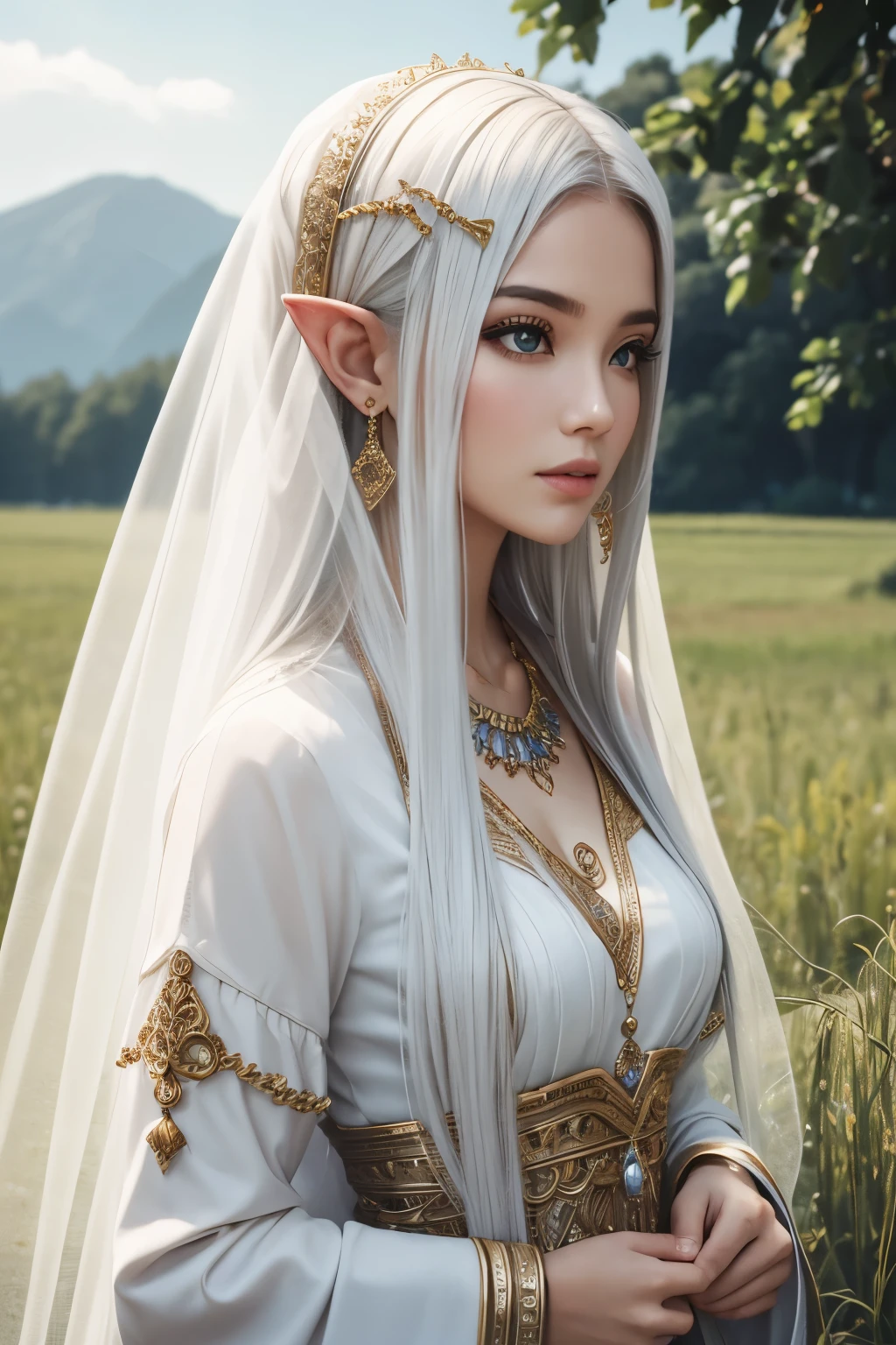 1girl, fortune teller, solo, female, looking at viewer, pointy ears, jewelry, long hair, earrings, white hair, veil, hair ornaments, nice detailing, river and field background  