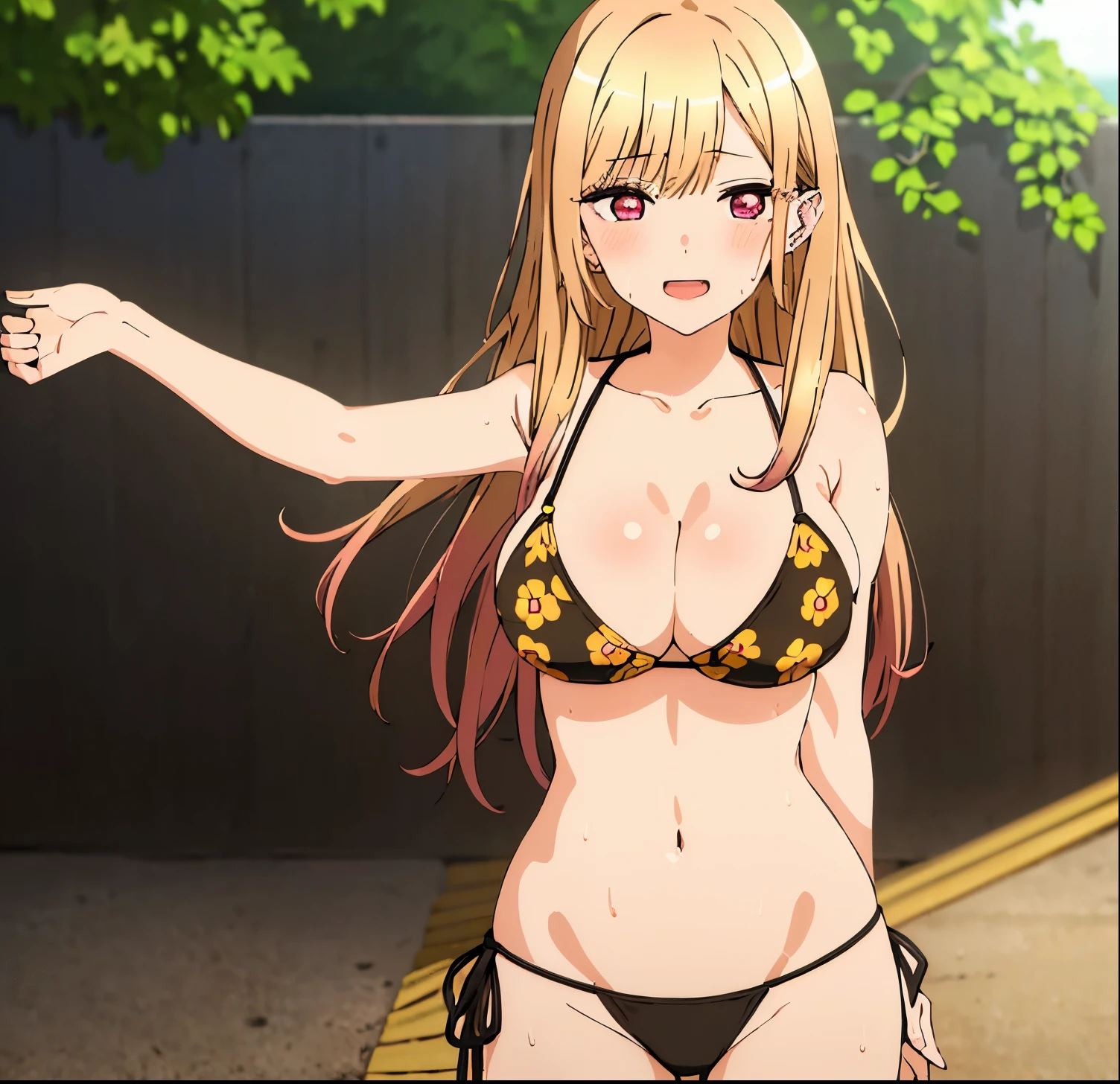 1 girl, alone, Marín kitagawa,wallpaper, detailed face, point of view, (Kitagawa Marine, smile, red eyes, light skin, ash blonde hair, chestnut hair, long hair, bangs over one eye, pink hair tips, cleavage, big breasts, black bikini with yellow floral print (of course, sweat), belly shot, gravel road in a fishing village, hair in the wind, bloom, large breasts, medium waist, medium hips, wide thighs, excellent hands, excellent anatomy 