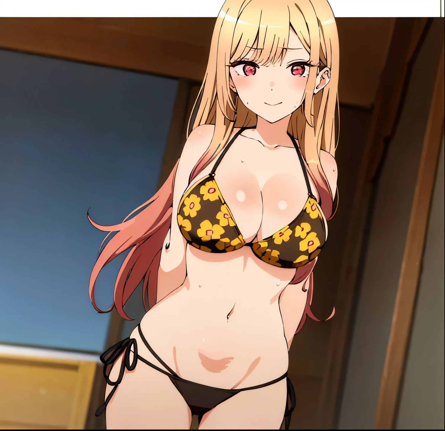1 girl, alone, Marín kitagawa,wallpaper, detailed face, point of view, (Kitagawa Marine, smile, red eyes, light skin, ash blonde hair, chestnut hair, long hair, bangs over one eye, pink hair tips, cleavage, big breasts, black bikini with yellow floral print (of course, sweat), belly shot, gravel road in a fishing village, hair in the wind, bloom, large breasts, medium waist, medium hips, wide thighs, excellent hands, excellent anatomy