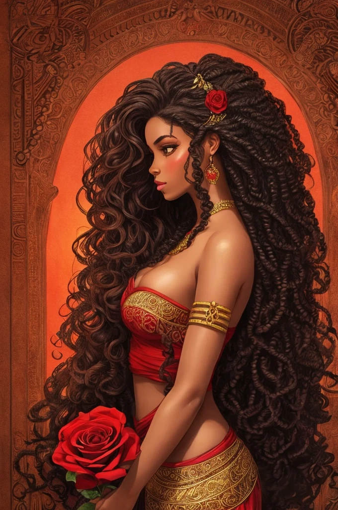 Exquisitely detailed illustration of a brunette woman&#39;s side face, long, thick curly hair, red rose in left hair, Darker skin,Shows exactly in the middle, smokes,fantastic, imaginative, Visually rich, Atmospheric, brazilian african religion